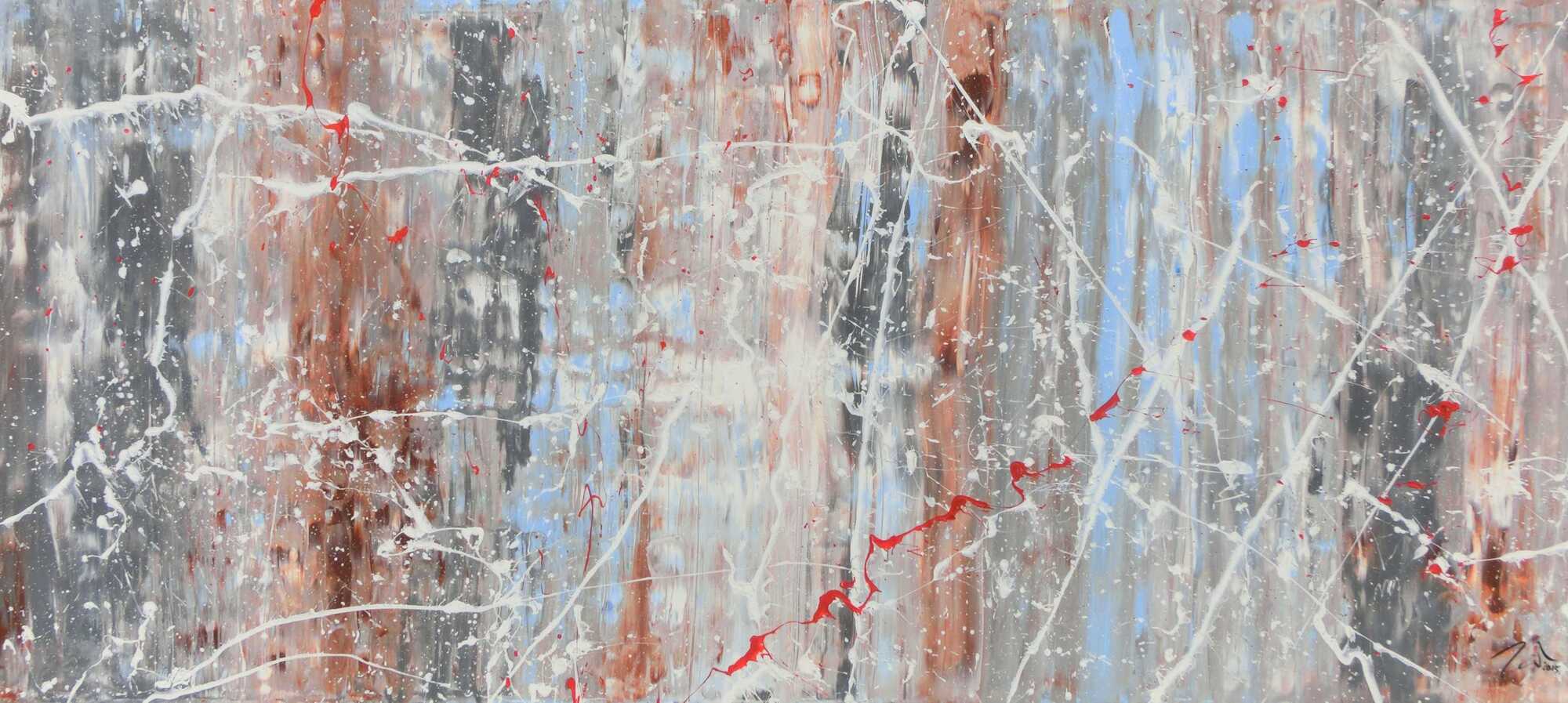 Schlichtes abstraktes Acrylbild helle Farben weiß blau braun grau