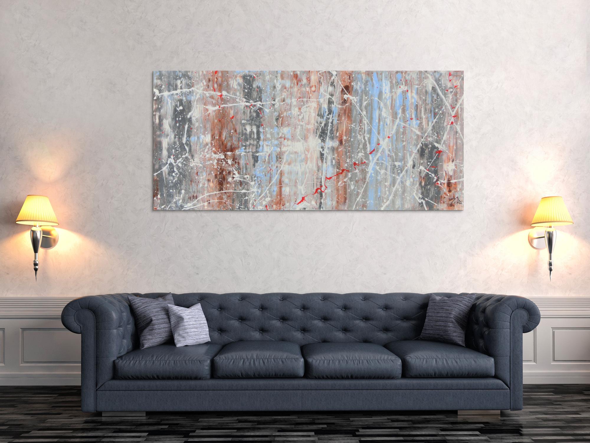 Schlichtes abstraktes Acrylbild helle Farben weiß blau braun grau