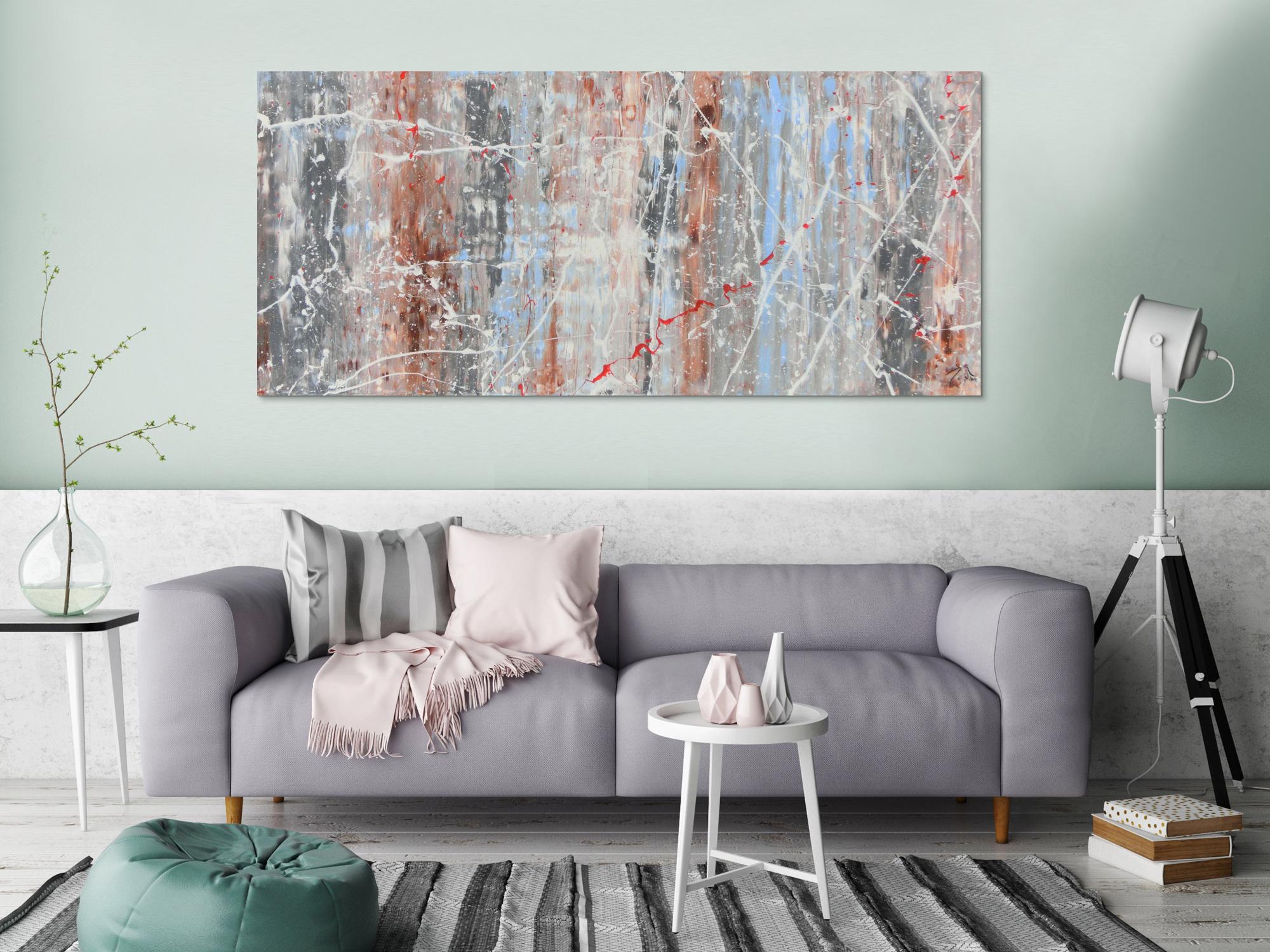 Schlichtes abstraktes Acrylbild helle Farben weiß blau braun grau