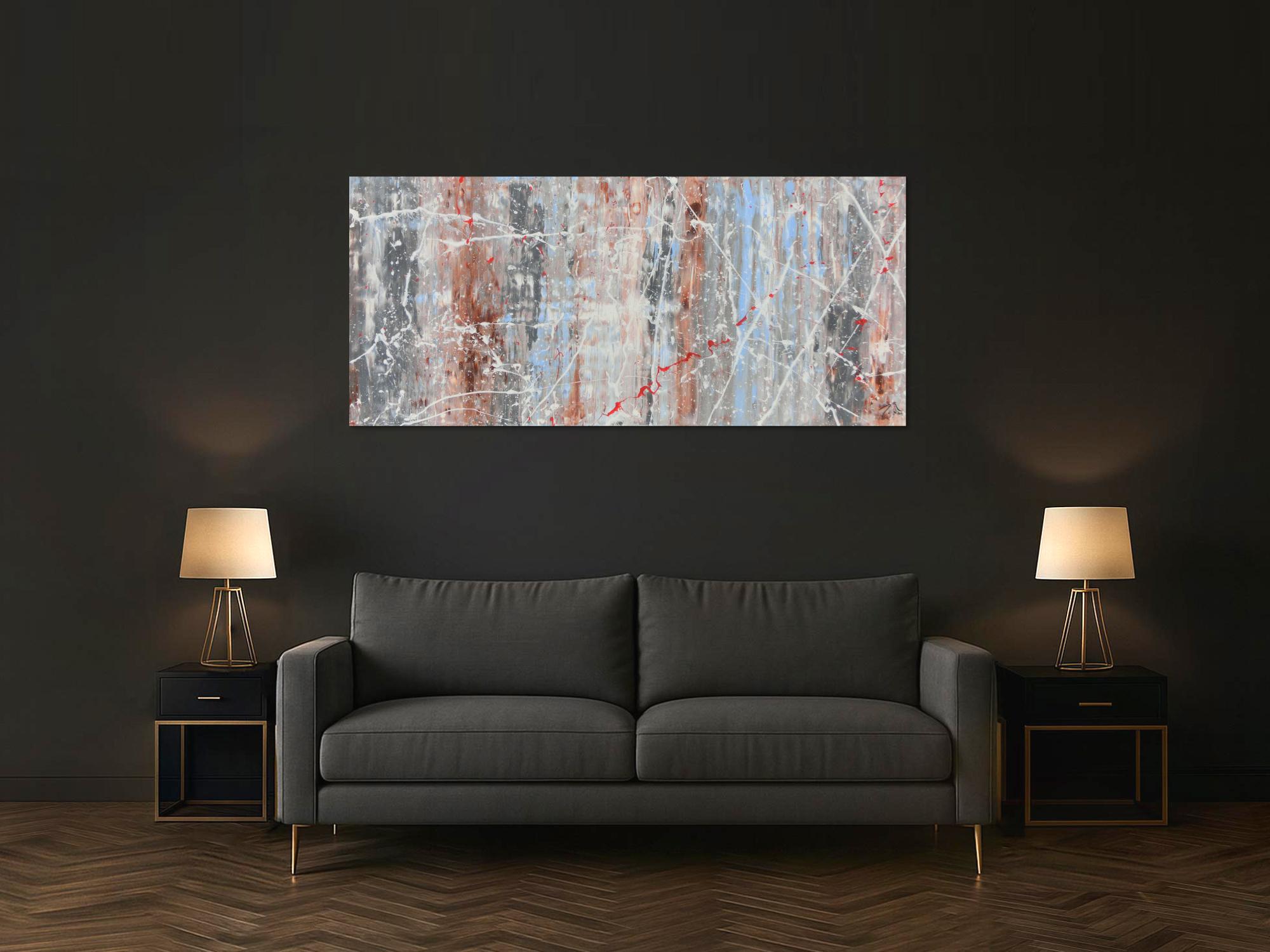 Schlichtes abstraktes Acrylbild helle Farben weiß blau braun grau