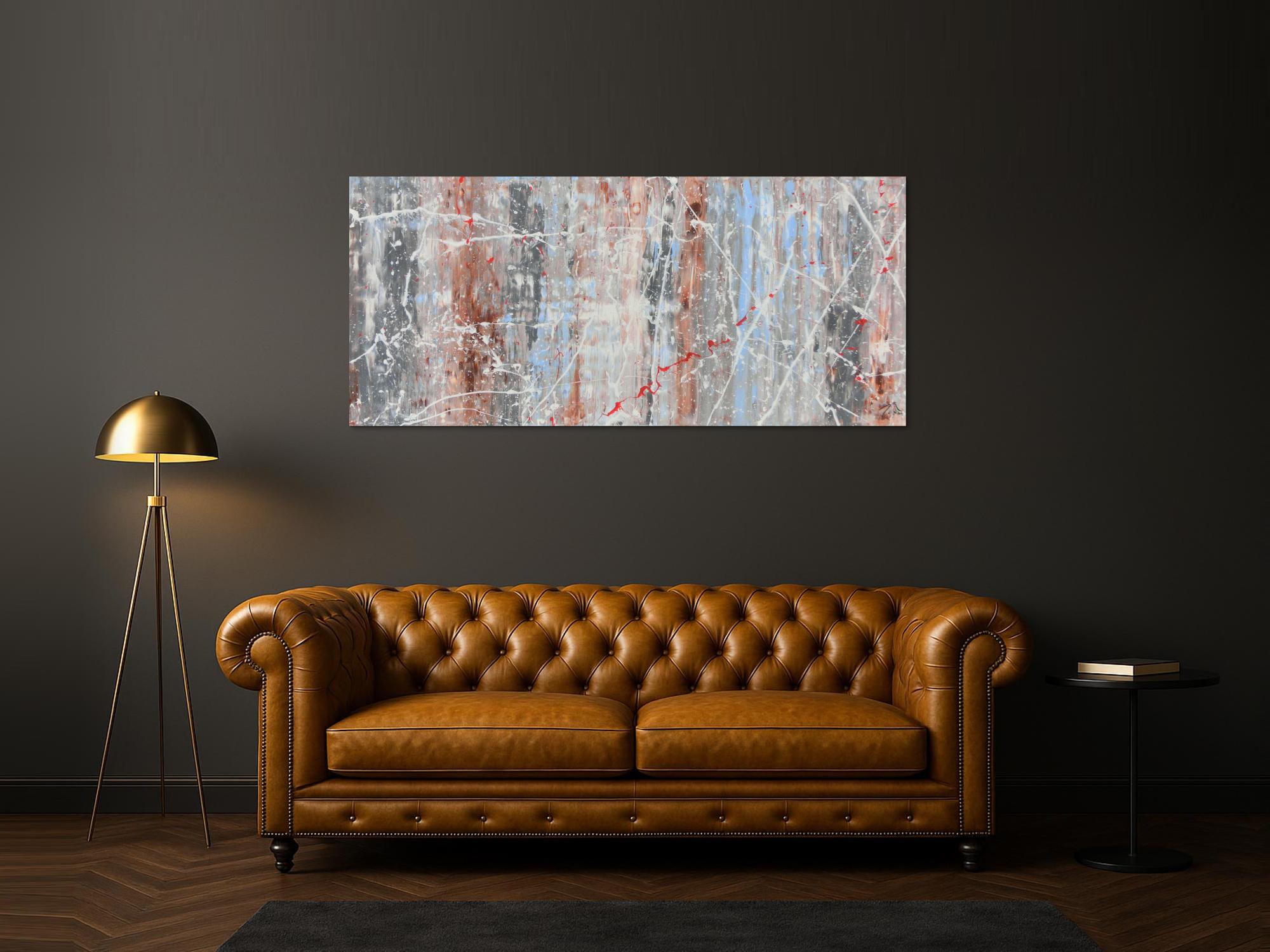 Schlichtes abstraktes Acrylbild helle Farben weiß blau braun grau