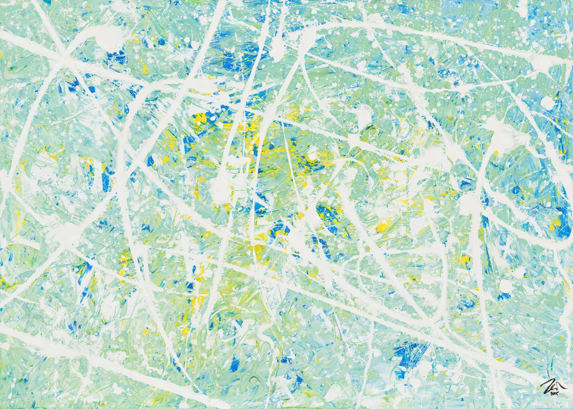 Gemälde Original abstrakt 100x140cm Action Painting zeitgenössisch handgemalt Mischtechnik weiß türkis hellblau einzigartig