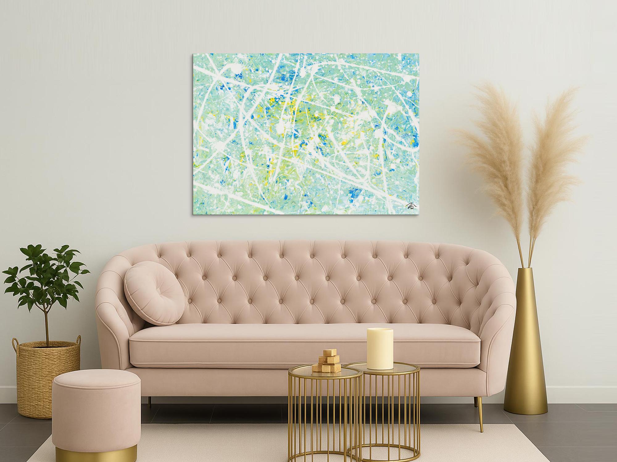 Gemälde Original abstrakt 100x140cm Action Painting zeitgenössisch handgemalt Mischtechnik weiß türkis hellblau einzigartig