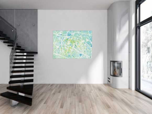 Gemälde Original abstrakt 100x140cm Action Painting zeitgenössisch handgemalt Mischtechnik weiß türkis hellblau einzigartig