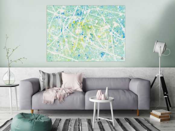 Gemälde Original abstrakt 100x140cm Action Painting zeitgenössisch handgemalt Mischtechnik weiß türkis hellblau einzigartig