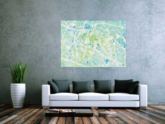 Gemälde Original abstrakt 100x140cm Action Painting zeitgenössisch handgemalt Mischtechnik weiß türkis hellblau einzigartig