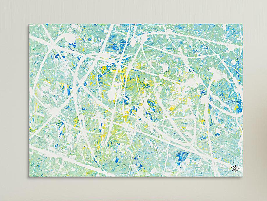 Gemälde Original abstrakt 100x140cm Action Painting zeitgenössisch handgemalt Mischtechnik weiß türkis hellblau einzigartig