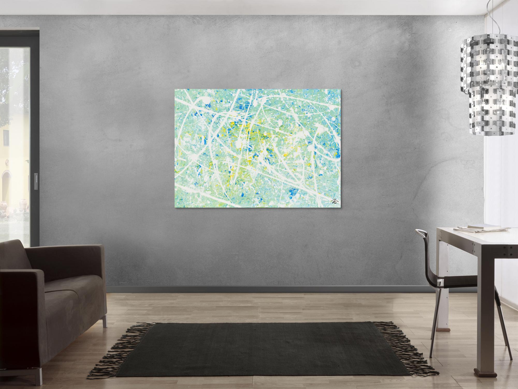 Gemälde Original abstrakt 100x140cm Action Painting zeitgenössisch handgemalt Mischtechnik weiß türkis hellblau einzigartig