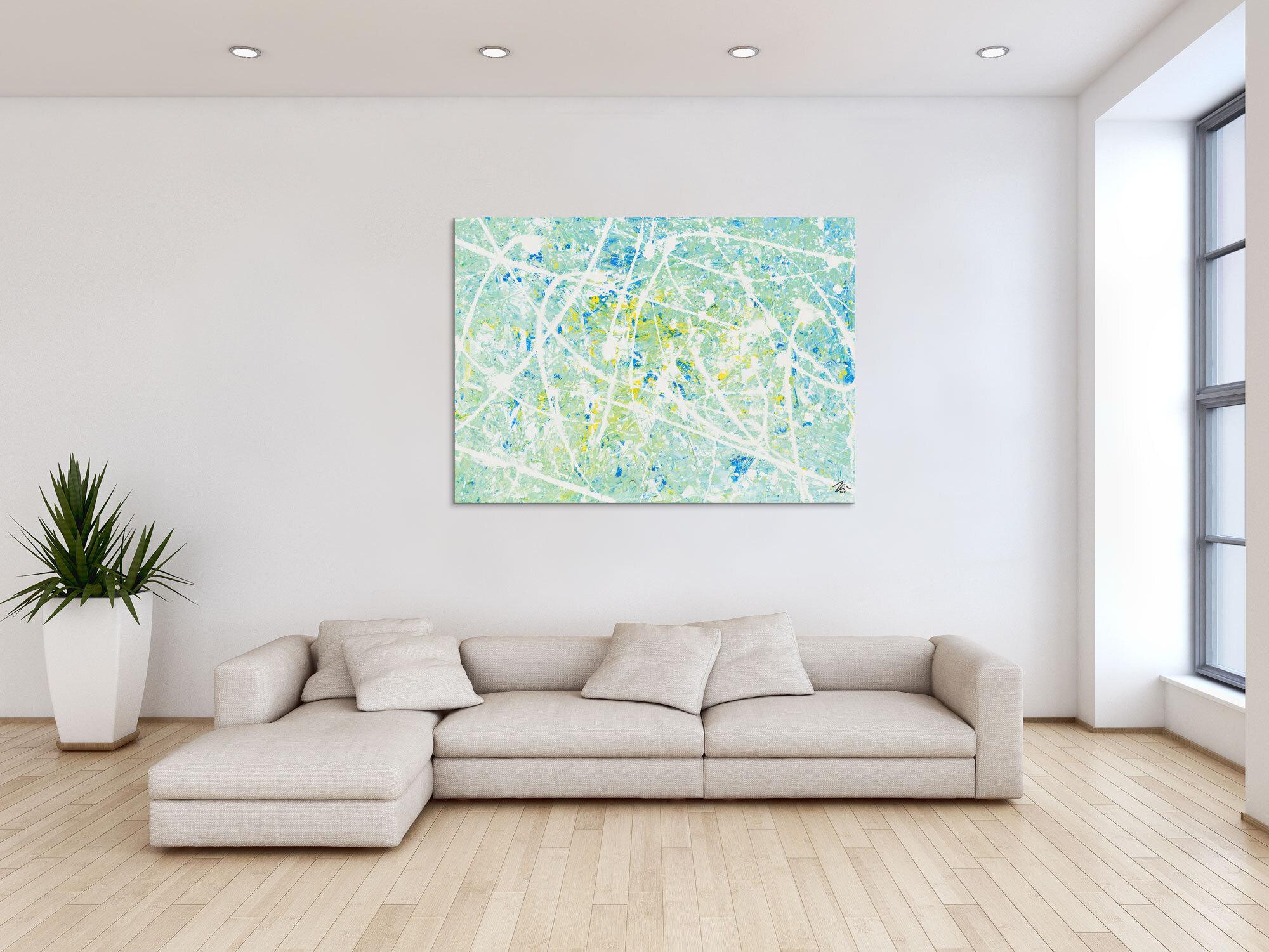 Gemälde Original abstrakt 100x140cm Action Painting zeitgenössisch handgemalt Mischtechnik weiß türkis hellblau einzigartig