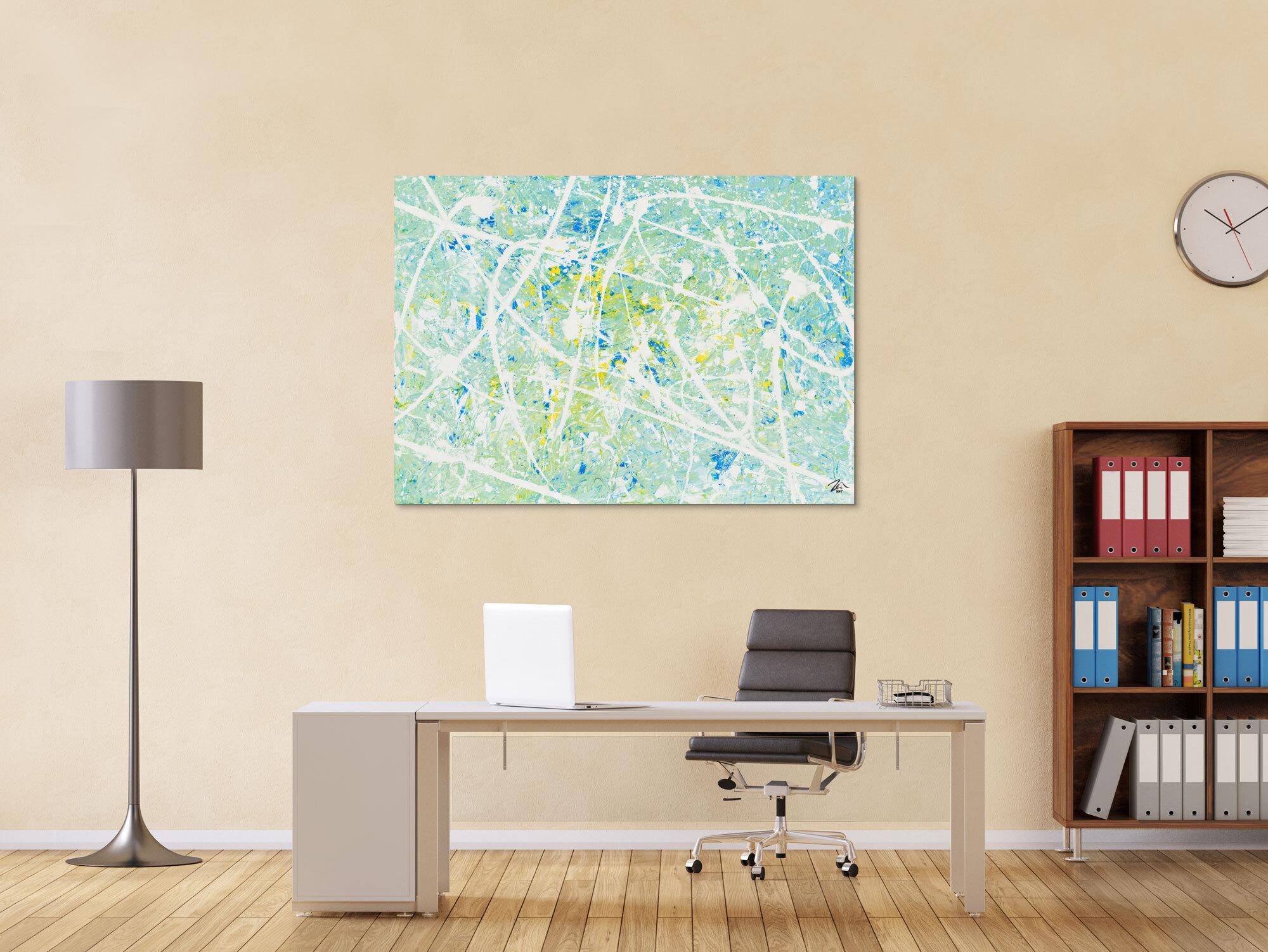 Gemälde Original abstrakt 100x140cm Action Painting zeitgenössisch handgemalt Mischtechnik weiß türkis hellblau einzigartig