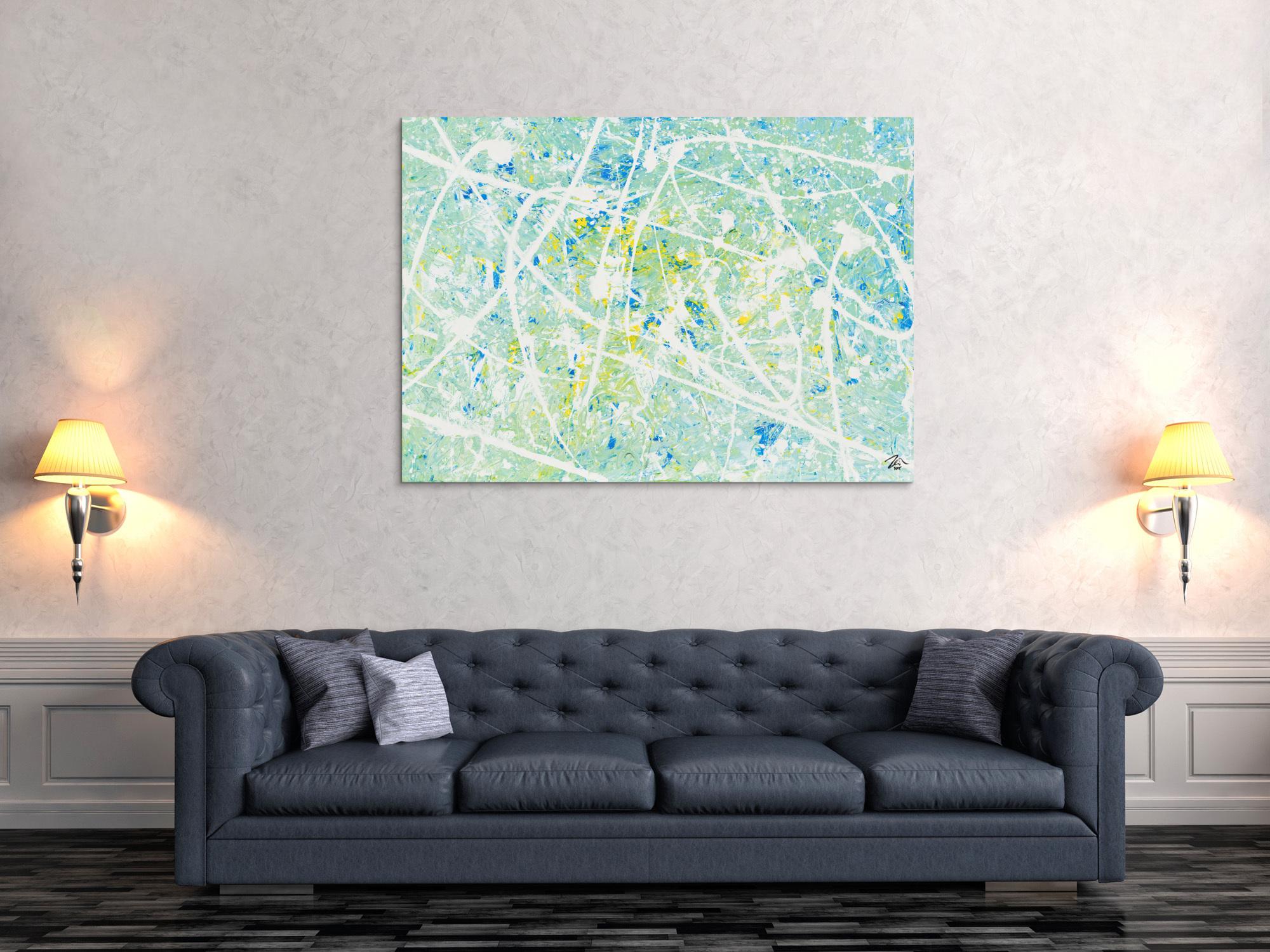 Gemälde Original abstrakt 100x140cm Action Painting zeitgenössisch handgemalt Mischtechnik weiß türkis hellblau einzigartig