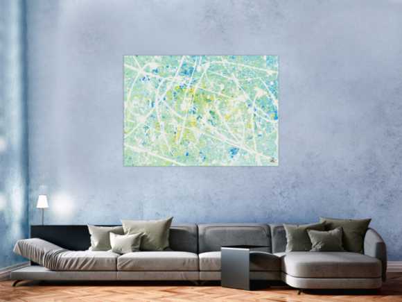 Gemälde Original abstrakt 100x140cm Action Painting zeitgenössisch handgemalt Mischtechnik weiß türkis hellblau einzigartig