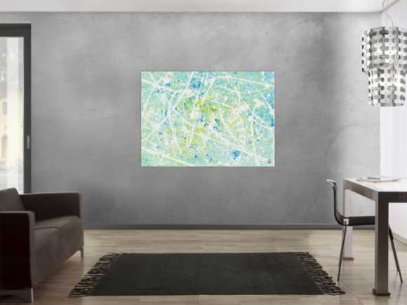 Gemälde Original abstrakt 100x140cm Action Painting zeitgenössisch handgemalt Mischtechnik weiß türkis hellblau einzigartig