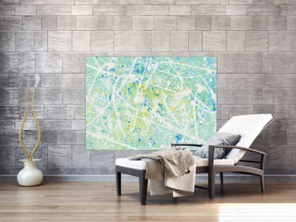 Gemälde Original abstrakt 100x140cm Action Painting zeitgenössisch handgemalt Mischtechnik weiß türkis hellblau einzigartig