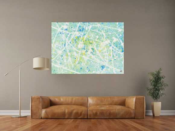 Gemälde Original abstrakt 100x140cm Action Painting zeitgenössisch handgemalt Mischtechnik weiß türkis hellblau einzigartig