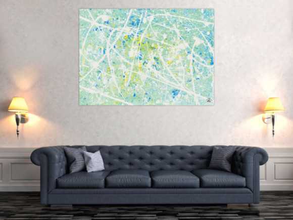 Gemälde Original abstrakt 100x140cm Action Painting zeitgenössisch handgemalt Mischtechnik weiß türkis hellblau einzigartig