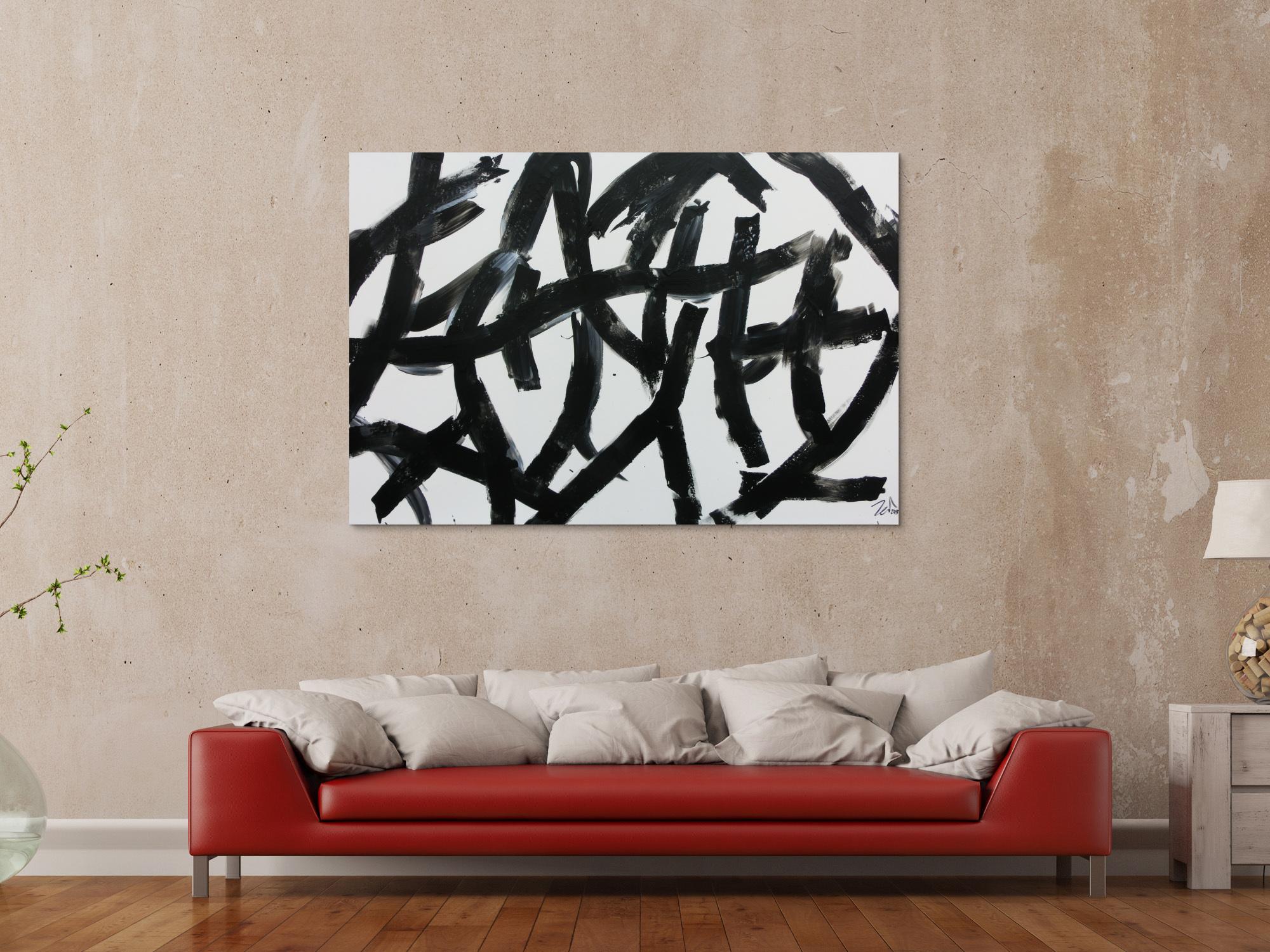 Modernes abstraktes Acrylbild in schwaz weiß minimalistisch