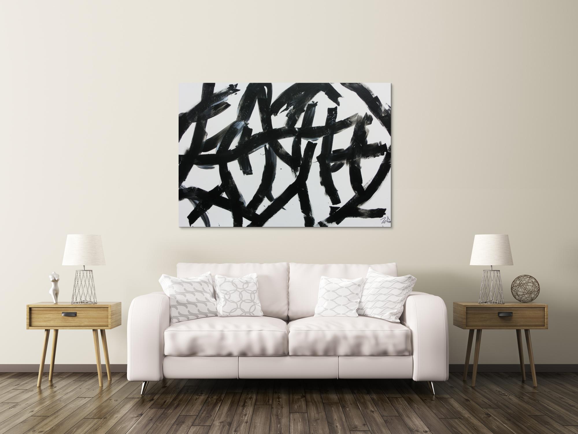 Modernes abstraktes Acrylbild in schwaz weiß minimalistisch