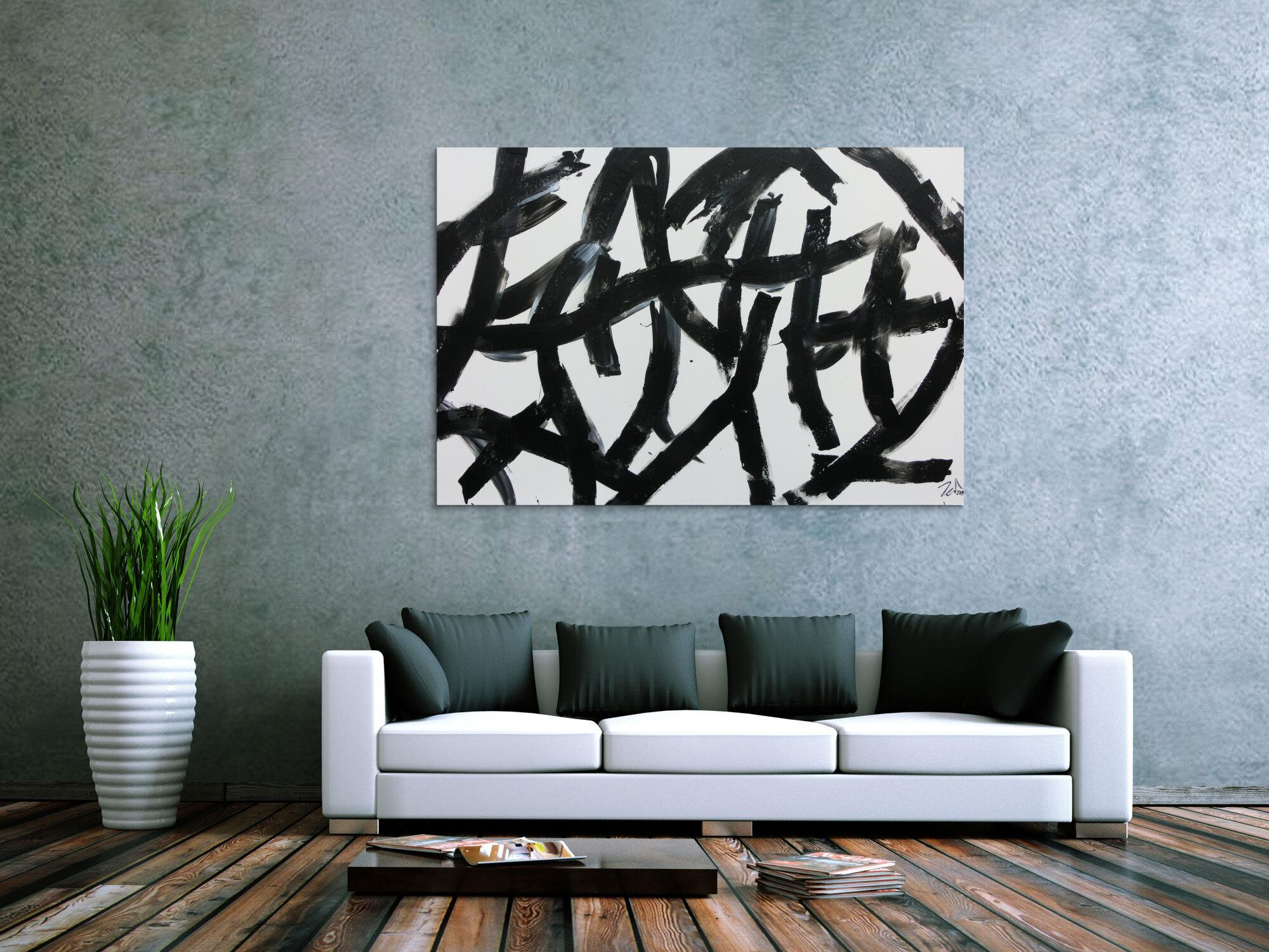 Modernes abstraktes Acrylbild in schwaz weiß minimalistisch