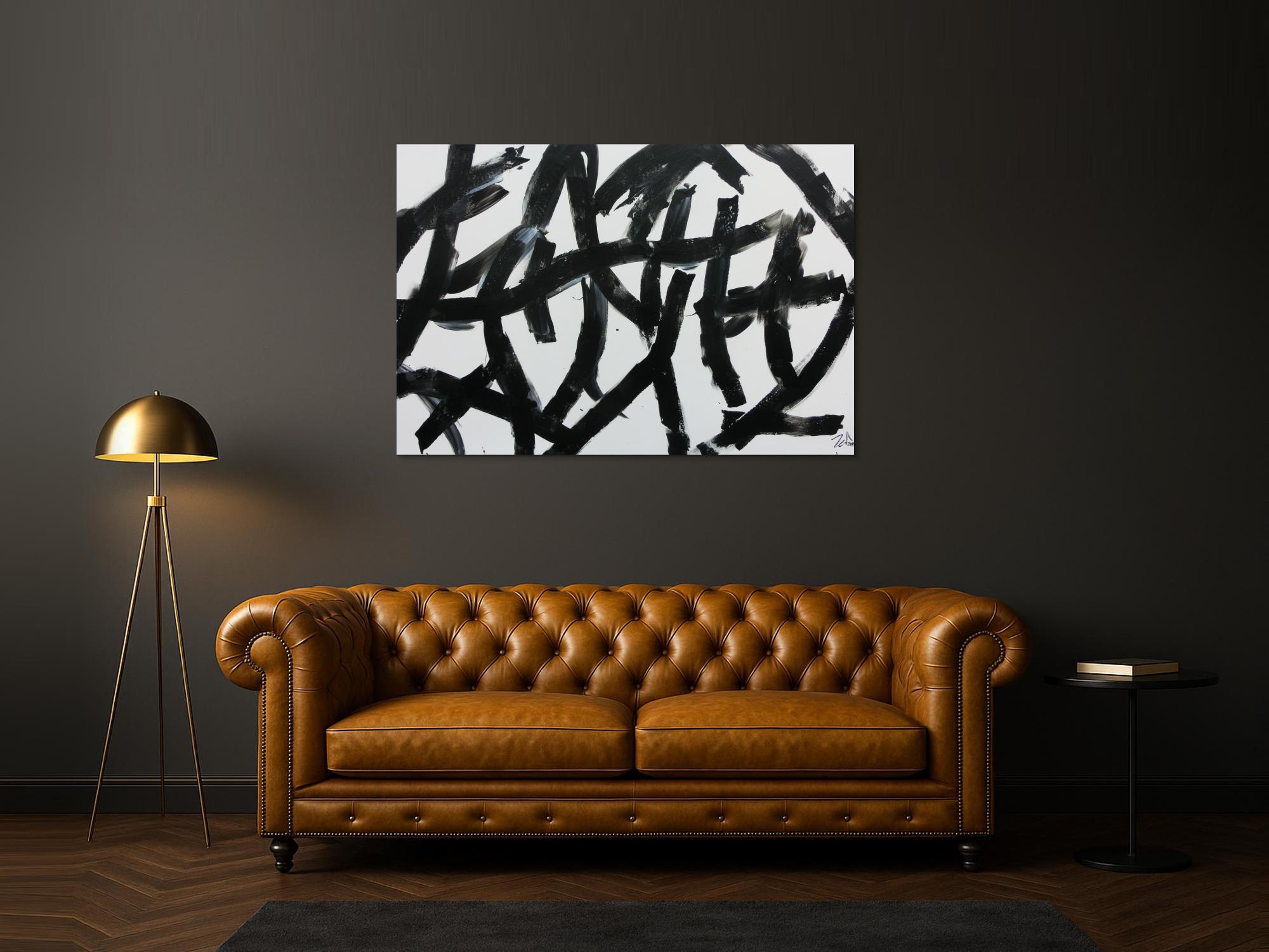 Modernes abstraktes Acrylbild in schwaz weiß minimalistisch