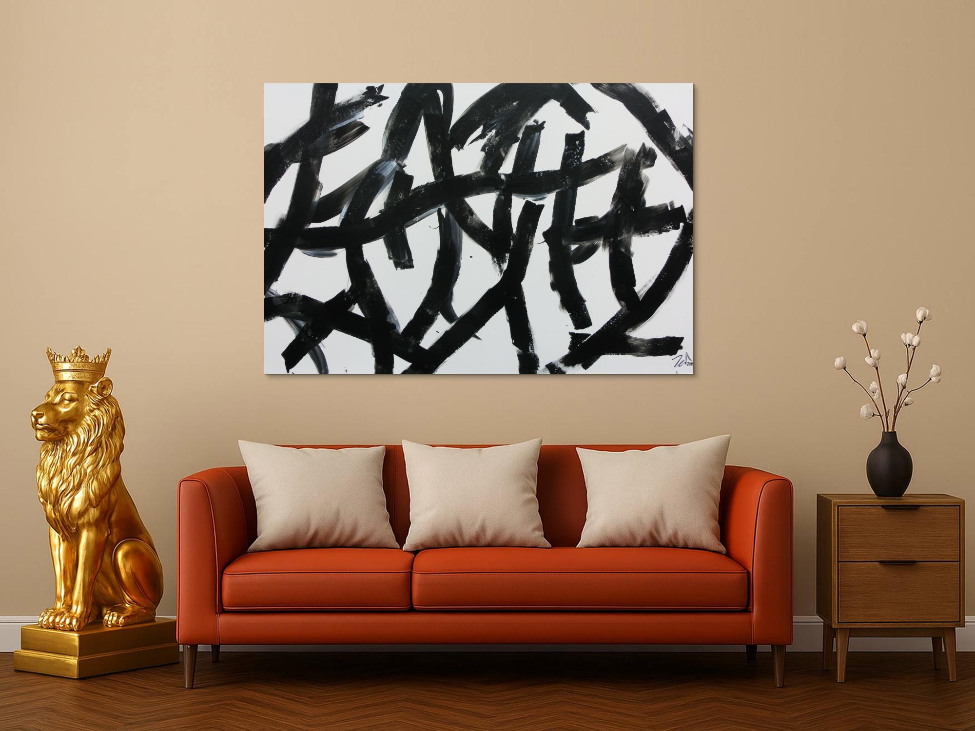 Modernes abstraktes Acrylbild in schwaz weiß minimalistisch