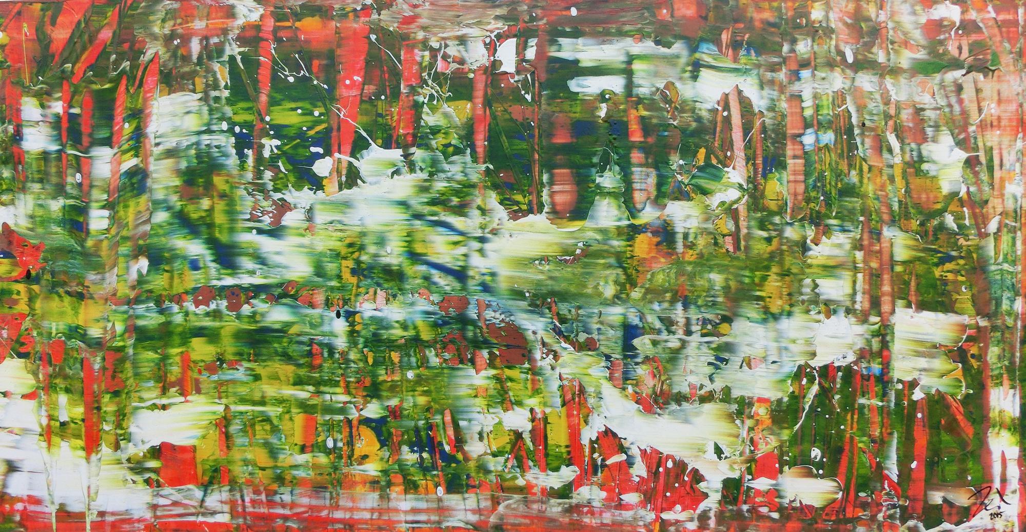 Abstraktes Acrylbild in grün mit orange und weiß