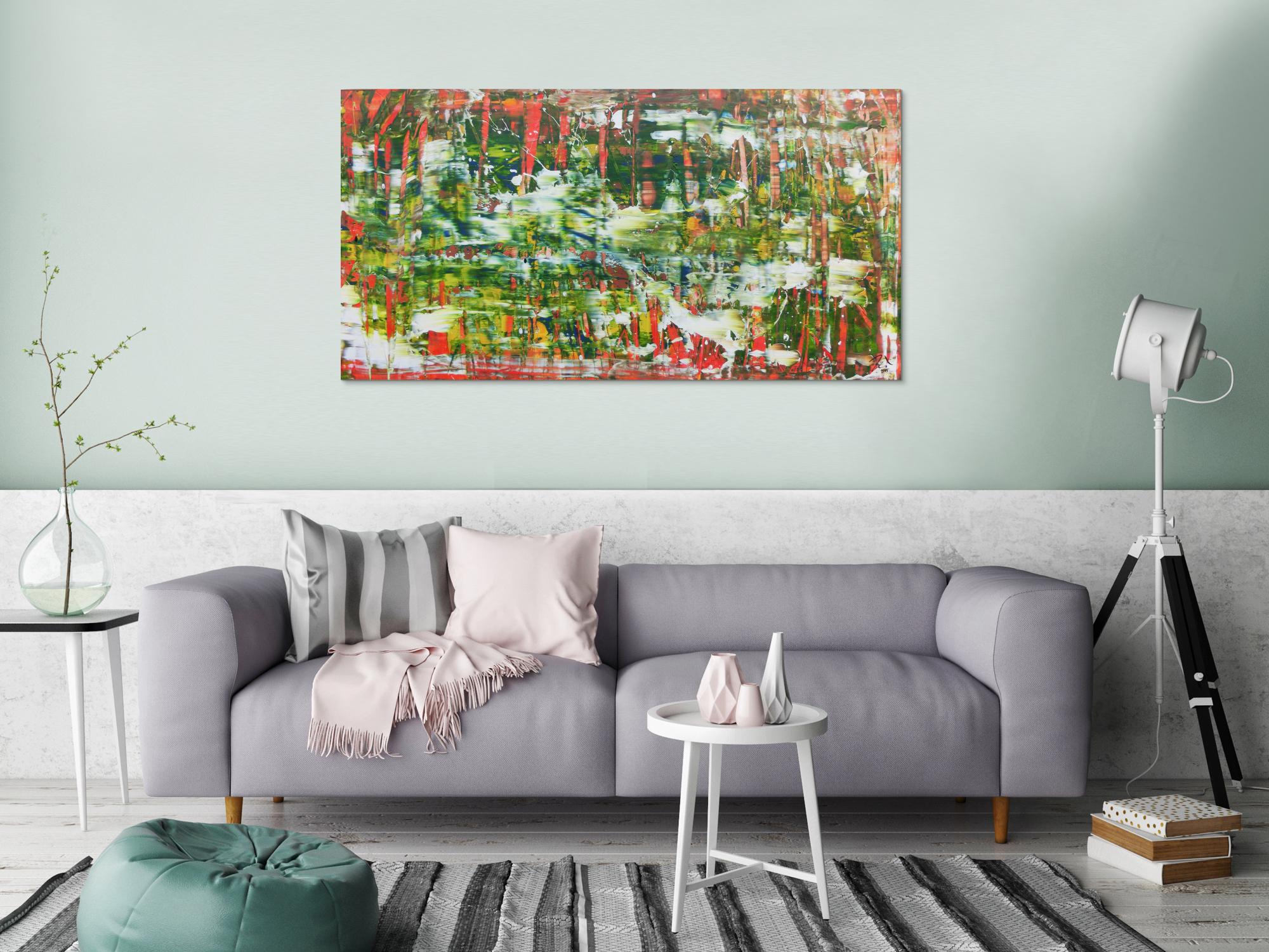 Abstraktes Acrylbild in grün mit orange und weiß