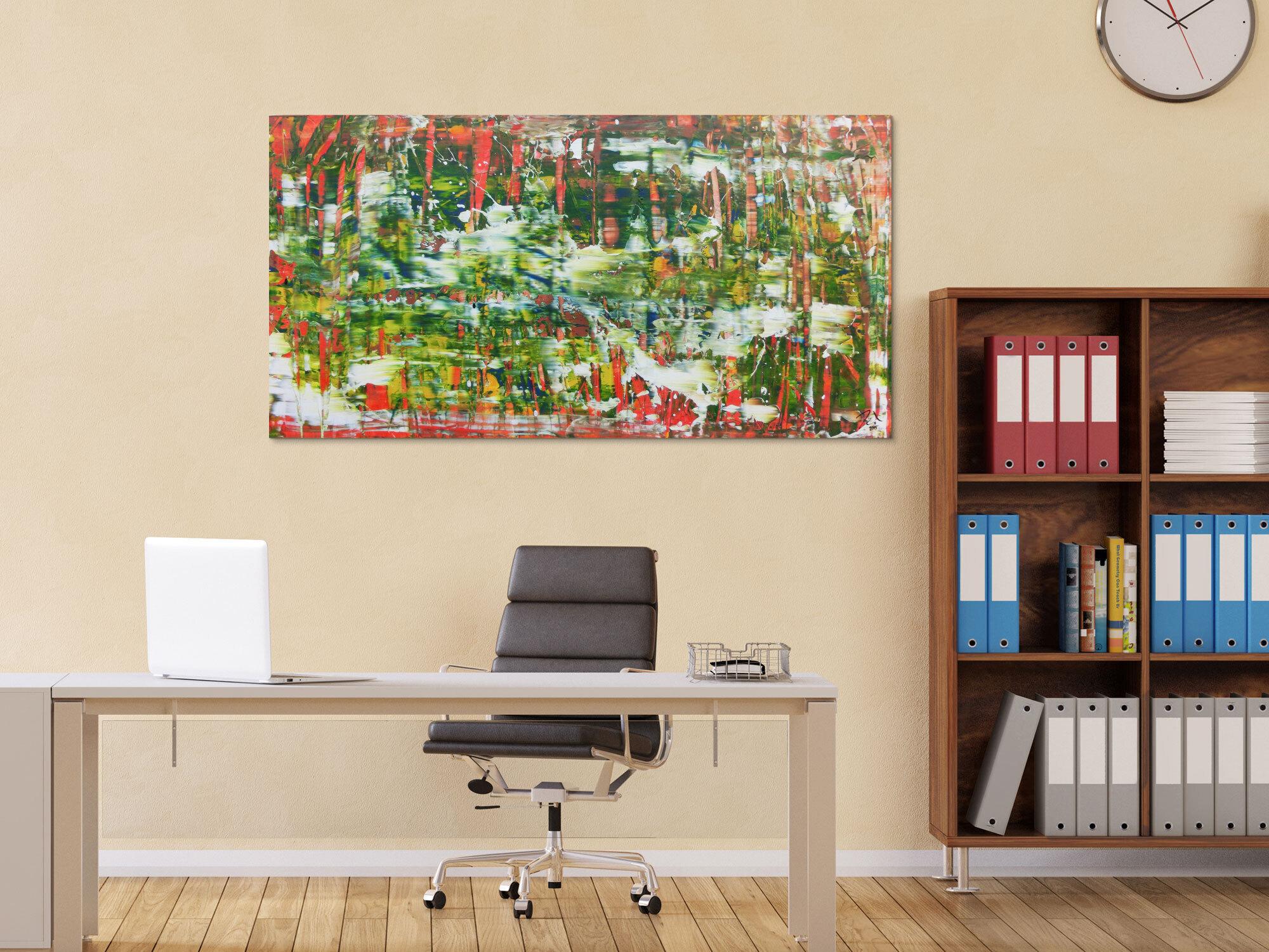 Abstraktes Acrylbild in grün mit orange und weiß