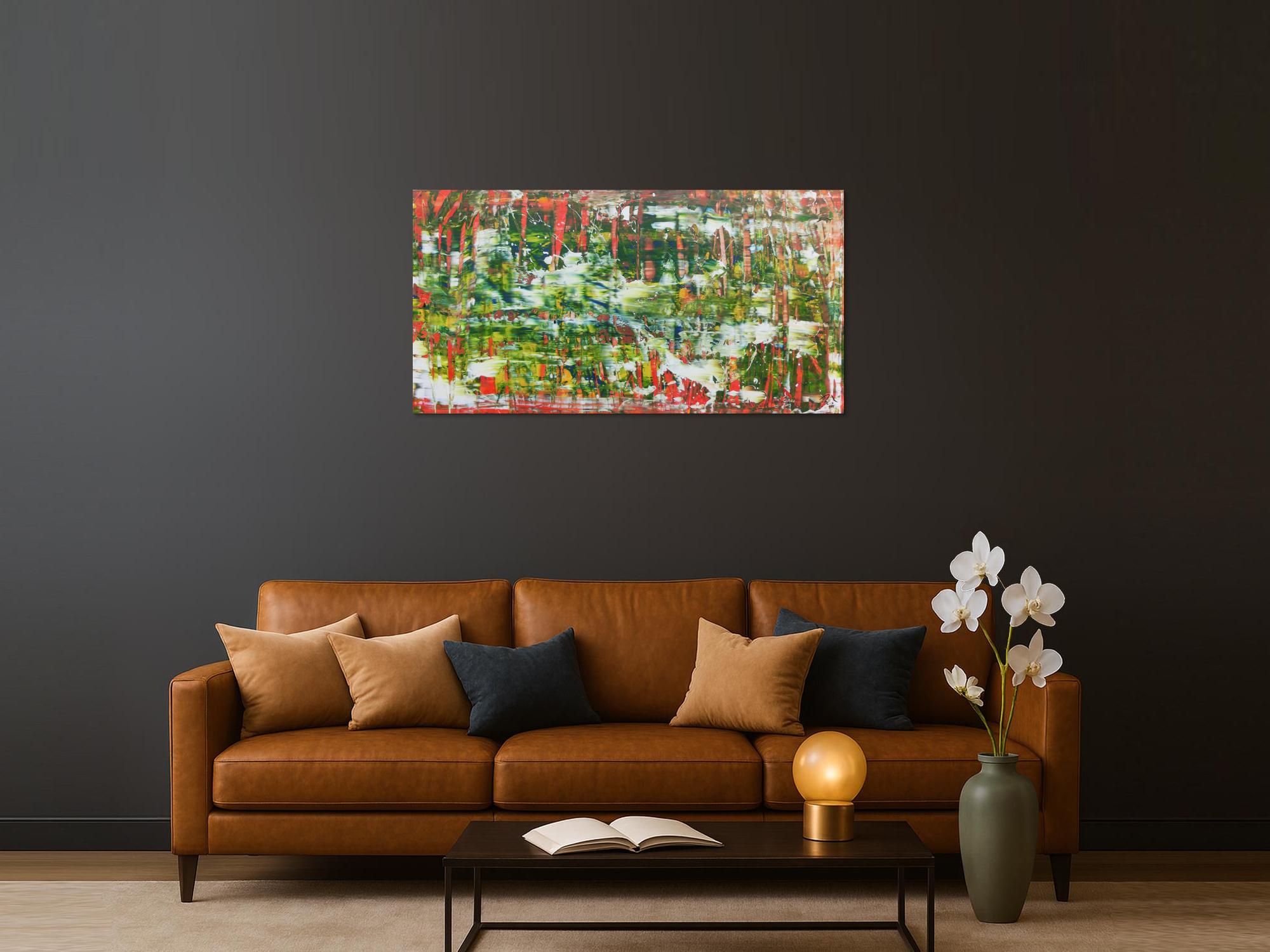 Abstraktes Acrylbild in grün mit orange und weiß