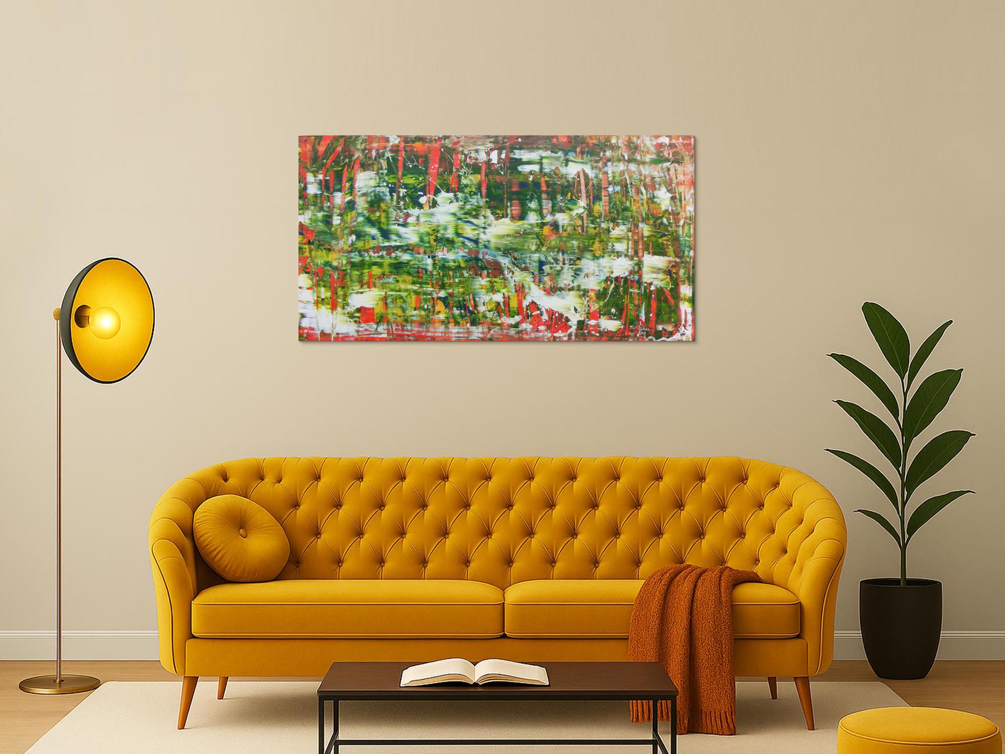 Abstraktes Acrylbild in grün mit orange und weiß