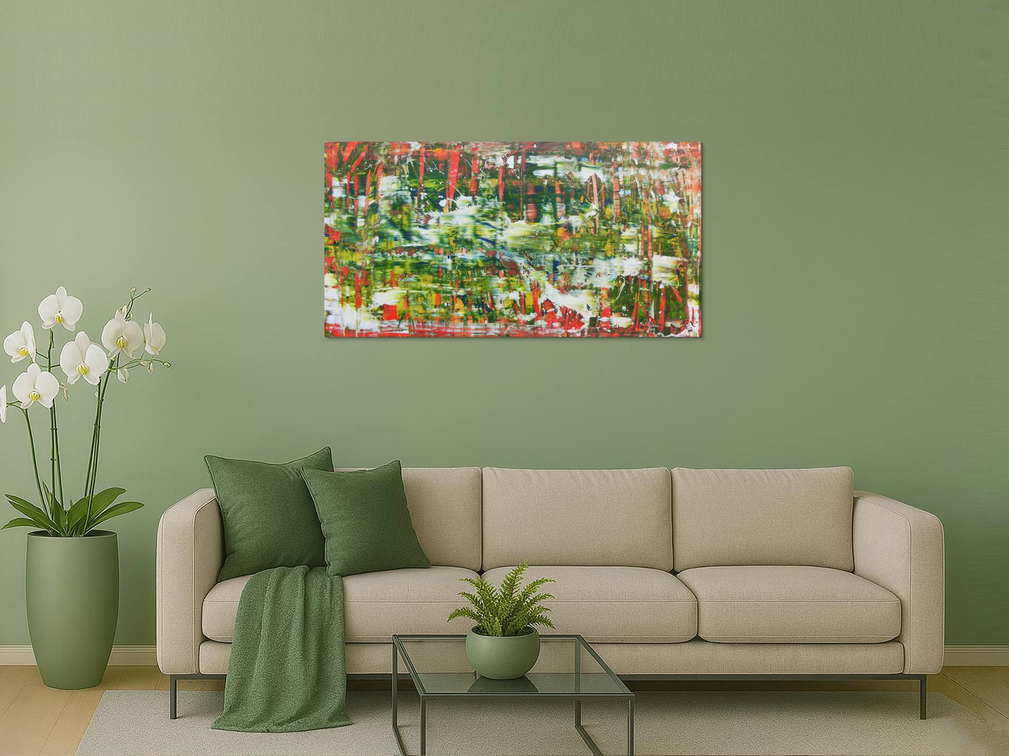 Abstraktes Acrylbild in grün mit orange und weiß