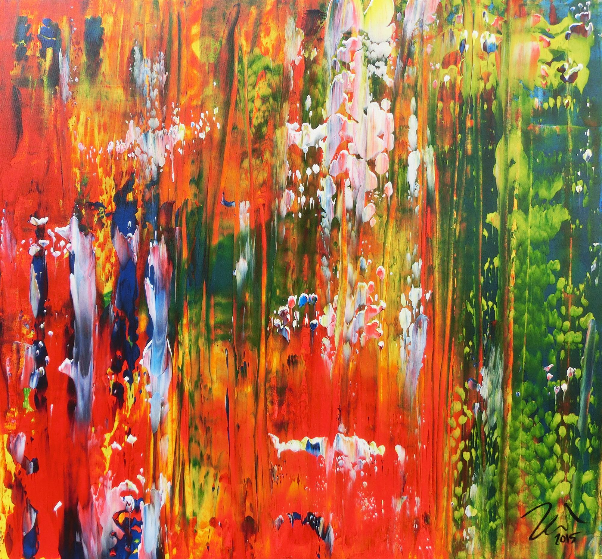 Abstraktes Acrylbild bunt modern mit vielen Farben grün und rot