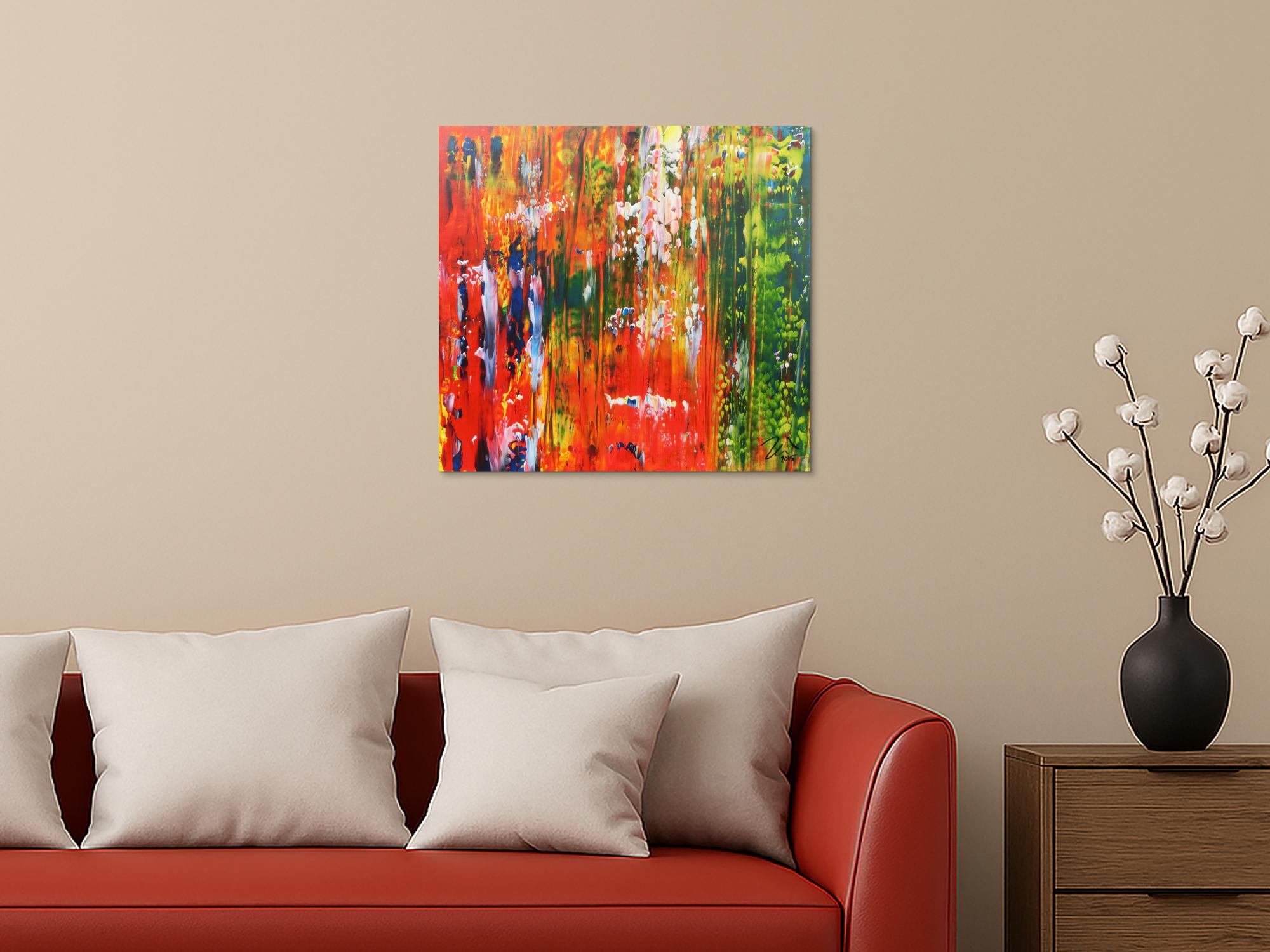 Abstraktes Acrylbild bunt modern mit vielen Farben grün und rot