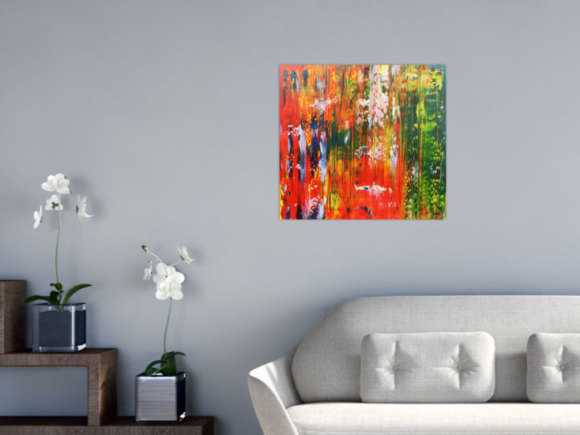 Abstraktes Acrylbild bunt modern mit vielen Farben grün und rot