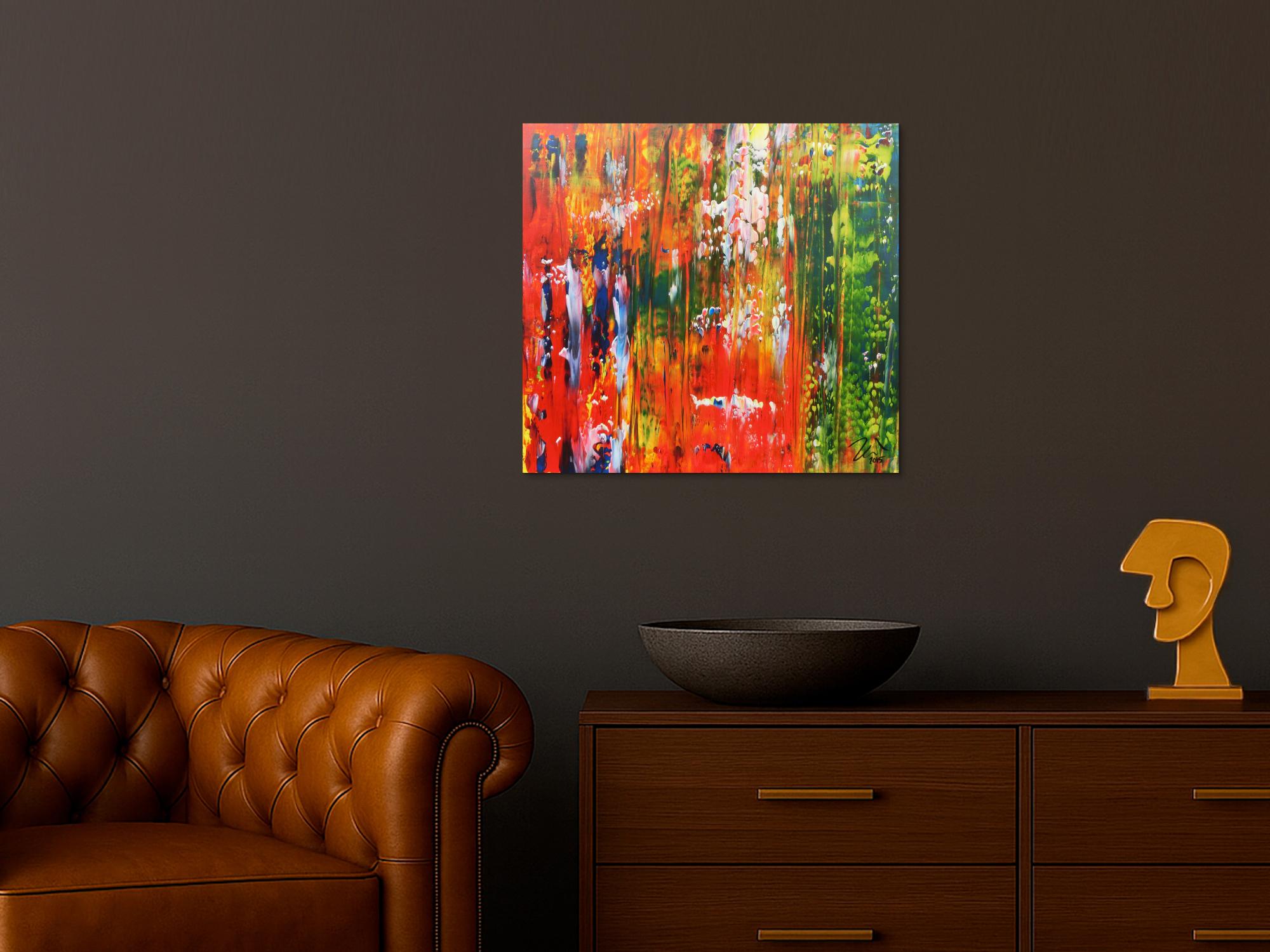 Abstraktes Acrylbild bunt modern mit vielen Farben grün und rot