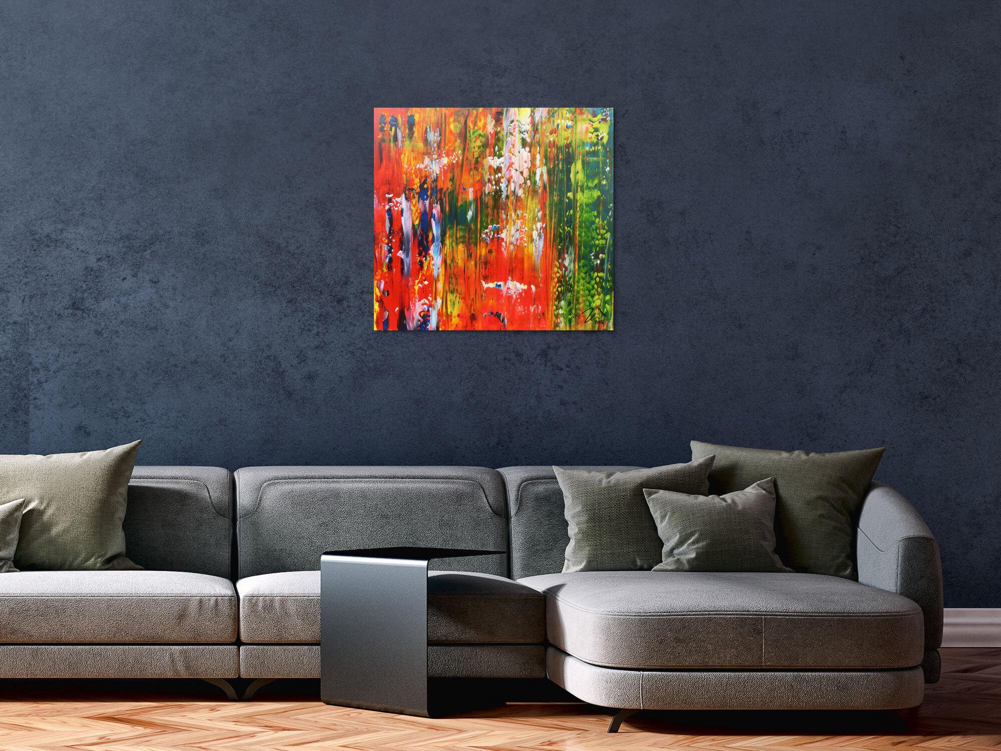 Abstraktes Acrylbild bunt modern mit vielen Farben grün und rot