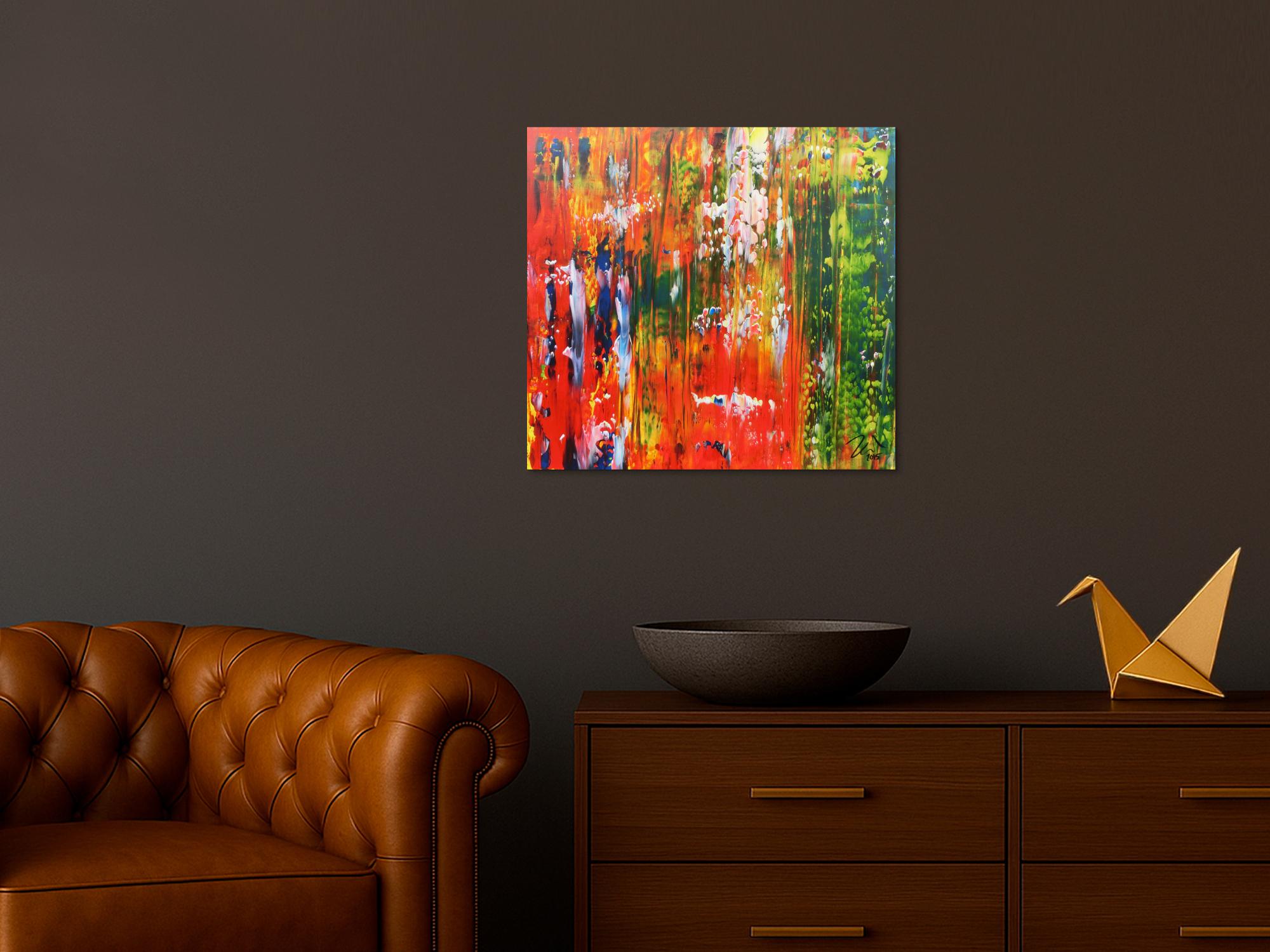 Abstraktes Acrylbild bunt modern mit vielen Farben grün und rot