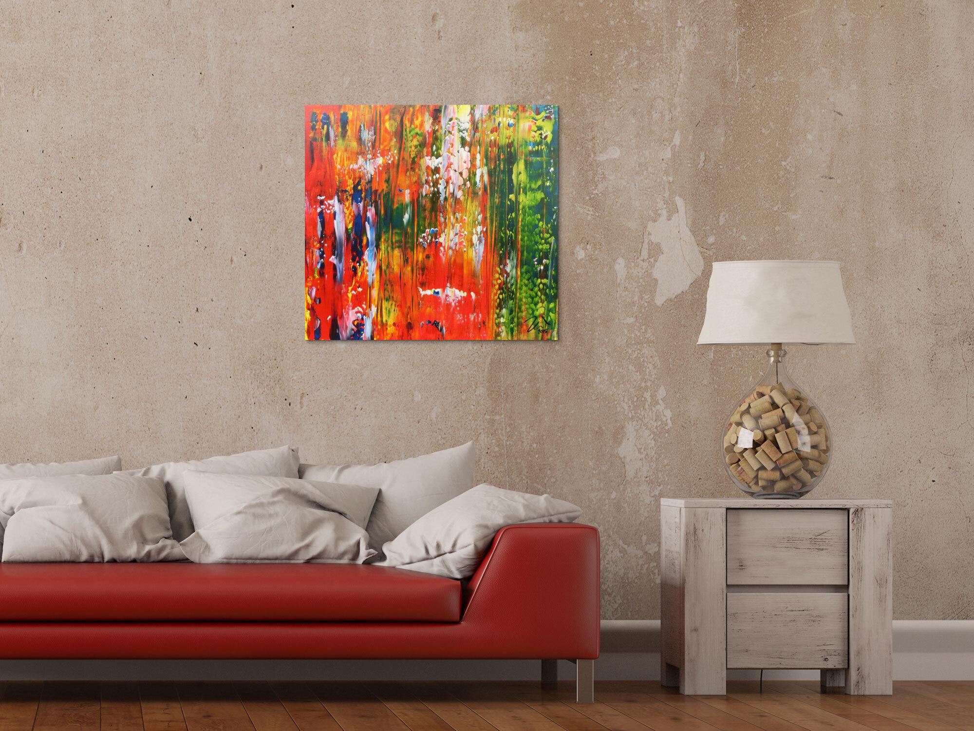 Abstraktes Acrylbild bunt modern mit vielen Farben grün und rot