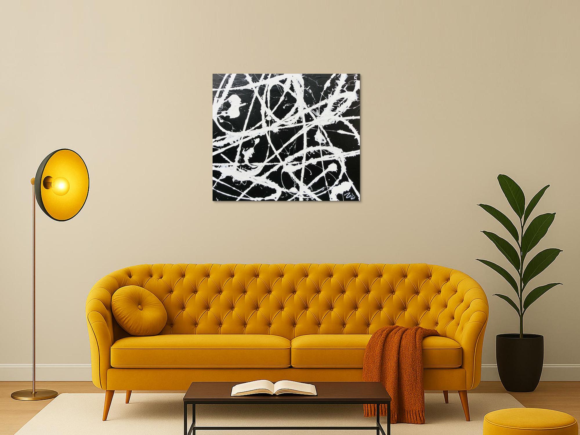 Modernes abstraktes Acrylbild in schwarz weiß schlicht