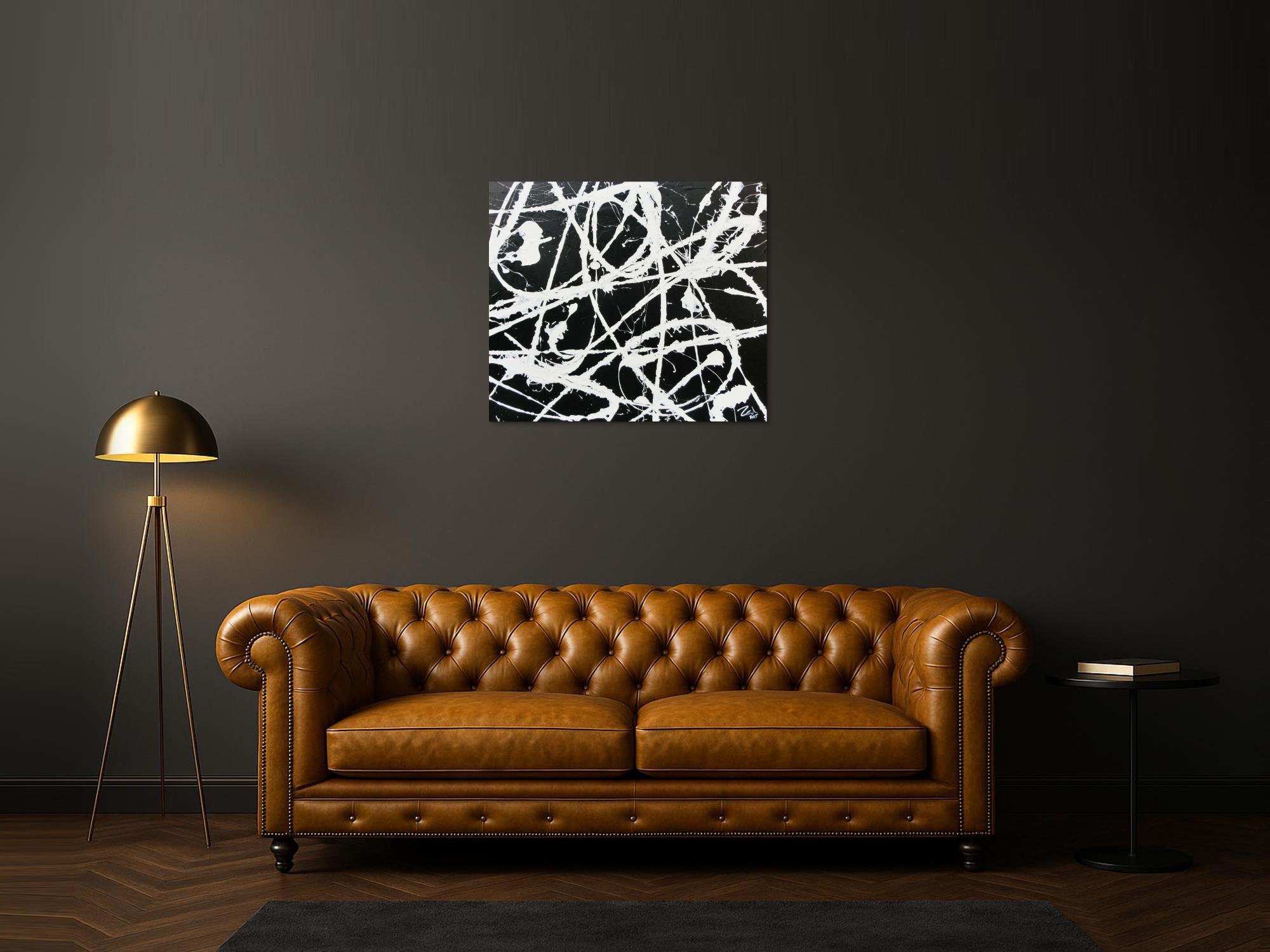 Modernes abstraktes Acrylbild in schwarz weiß schlicht