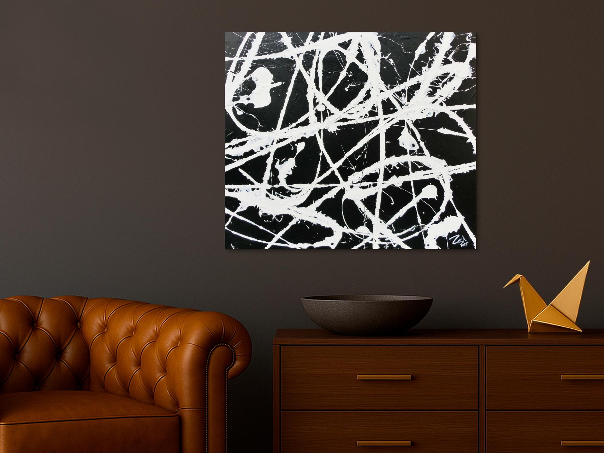 Modernes abstraktes Acrylbild in schwarz weiß schlicht