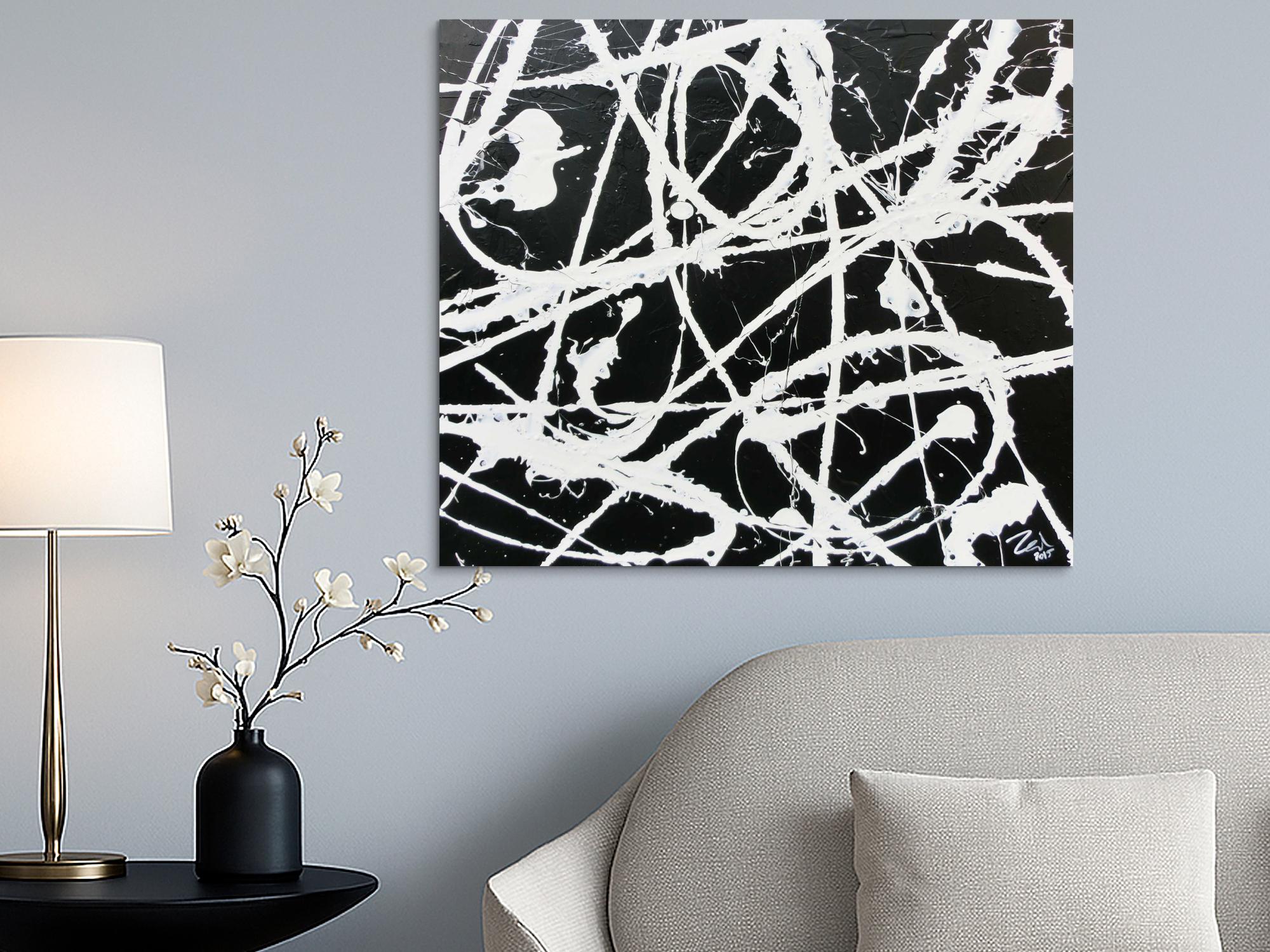 Modernes abstraktes Acrylbild in schwarz weiß schlicht