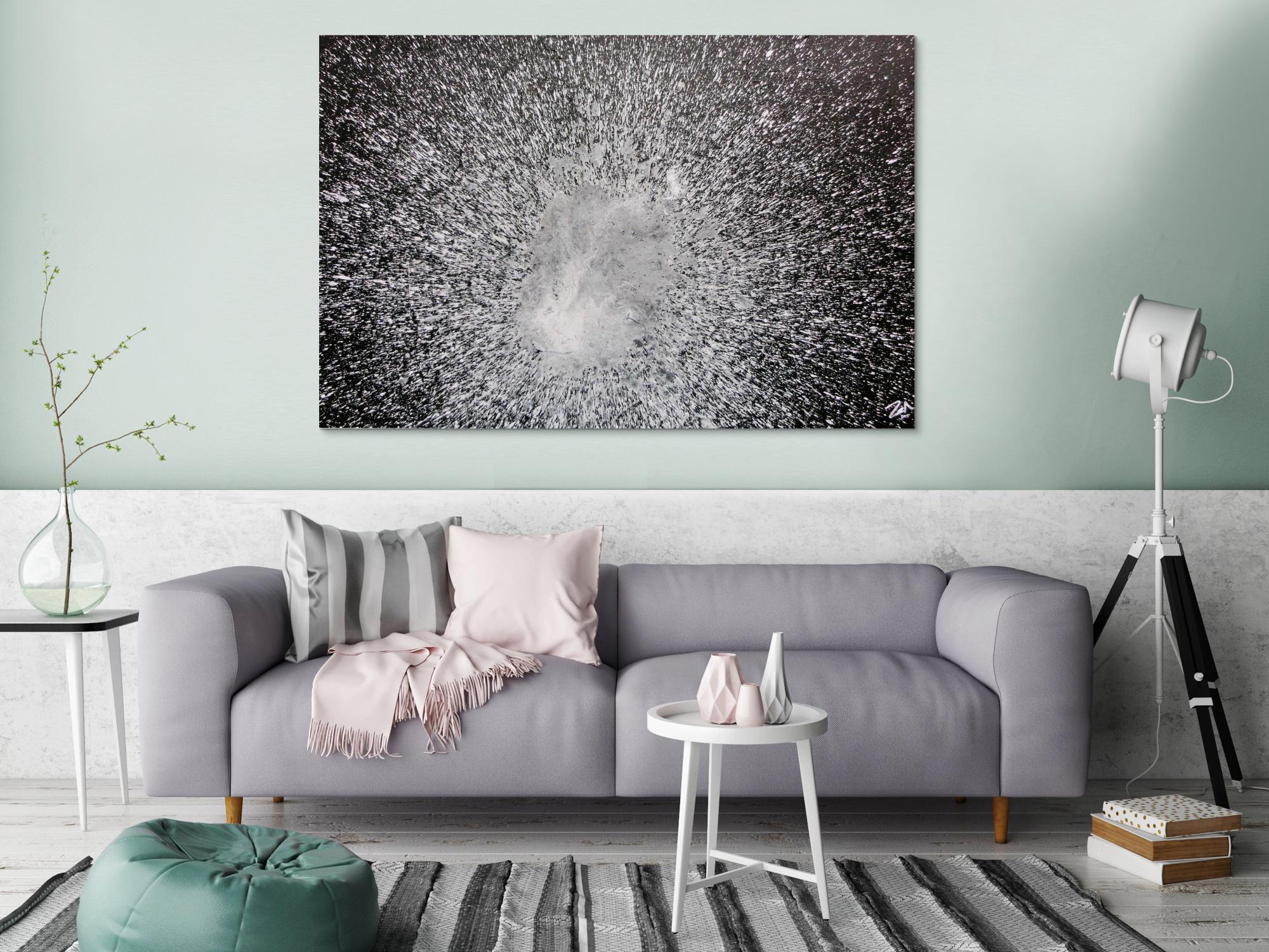 Abstraktes Acrylgemälde in schwarz weiß spash style