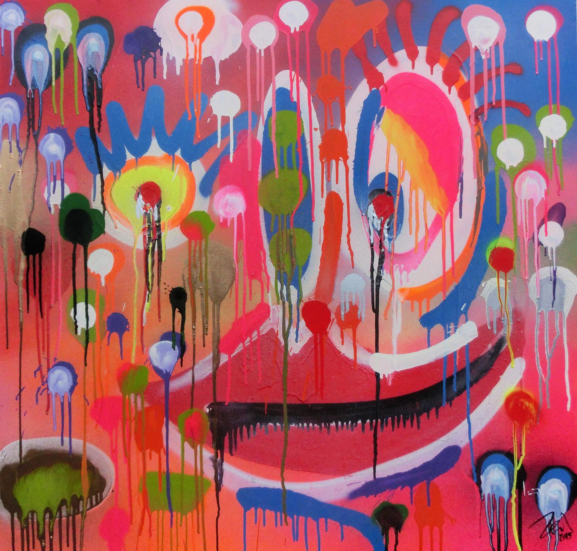 Abstraktes Acrylbild Gesicht mondern bunt Spray Art Kunst aus Spraydosen