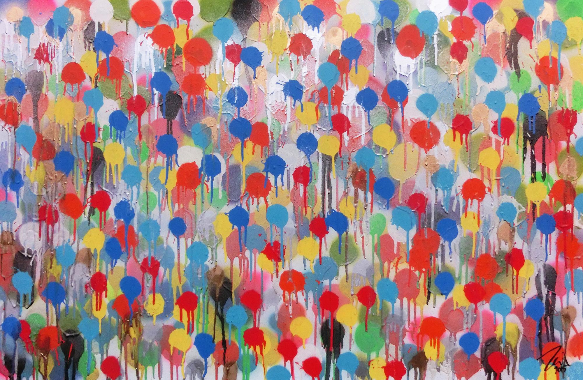 Modernes Kunstwerk abstrakt mit vielen Farben bunte Punkte aus Spraydose