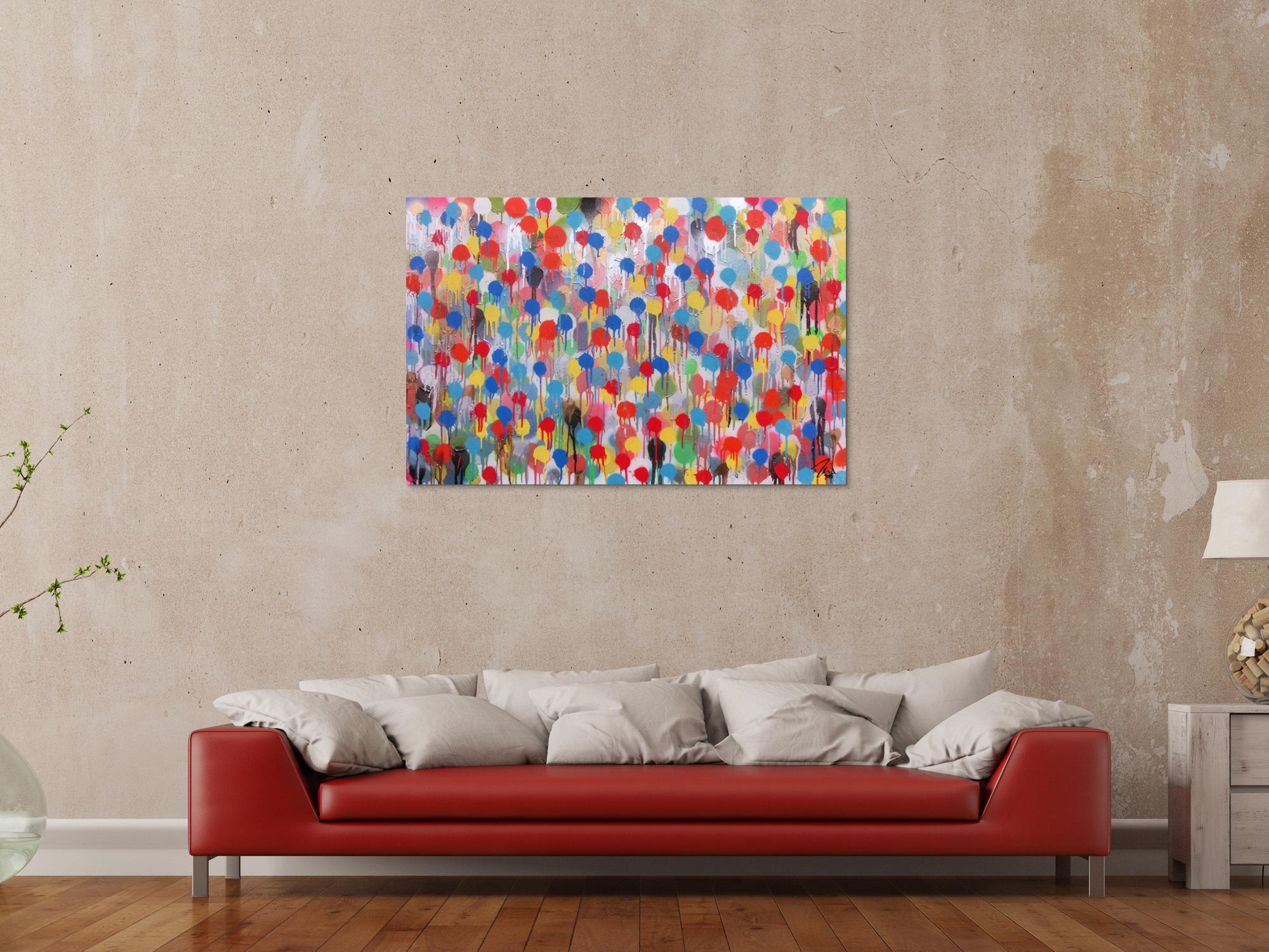 Modernes Kunstwerk abstrakt mit vielen Farben bunte Punkte aus Spraydose