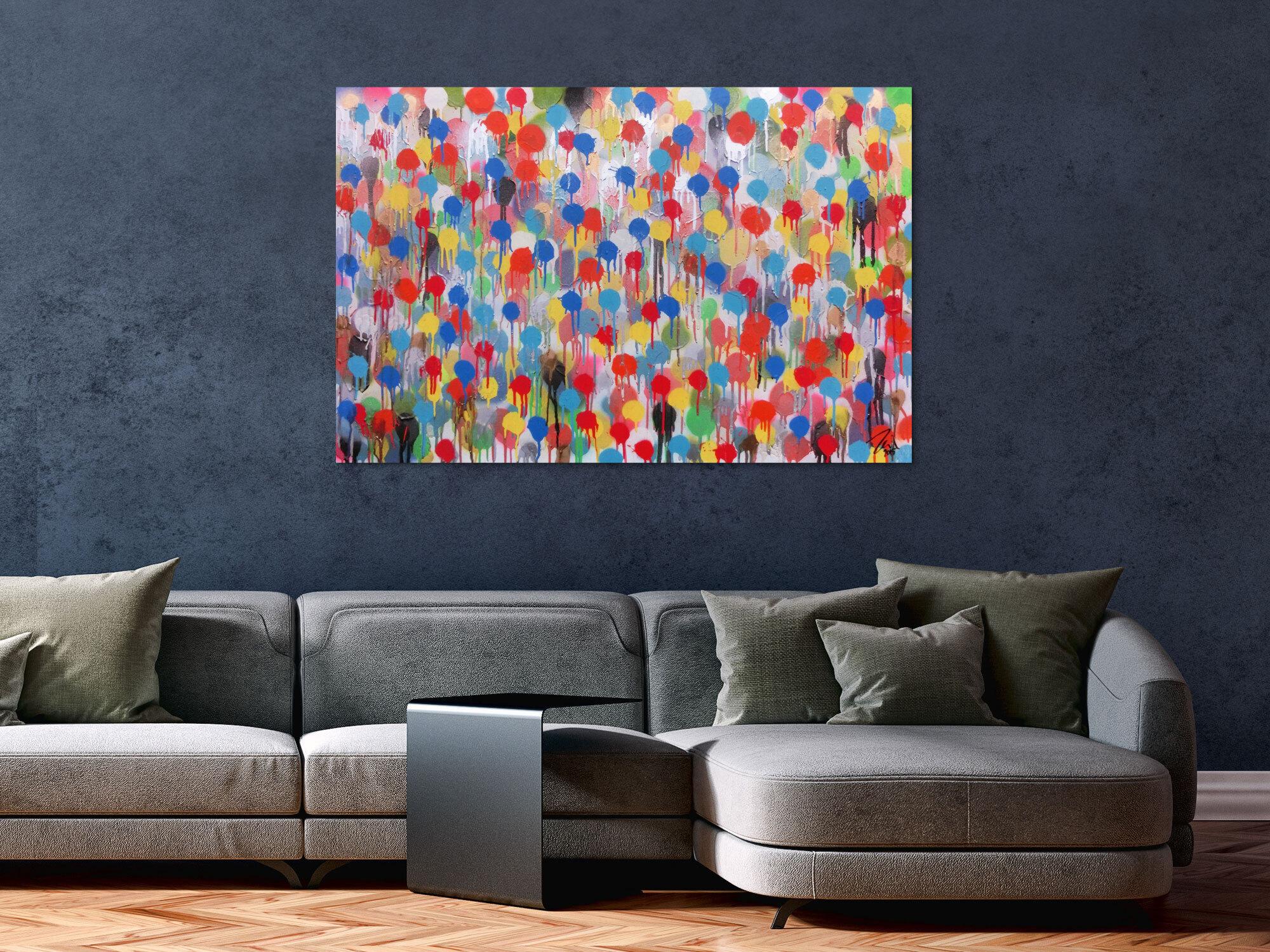 Modernes Kunstwerk abstrakt mit vielen Farben bunte Punkte aus Spraydose