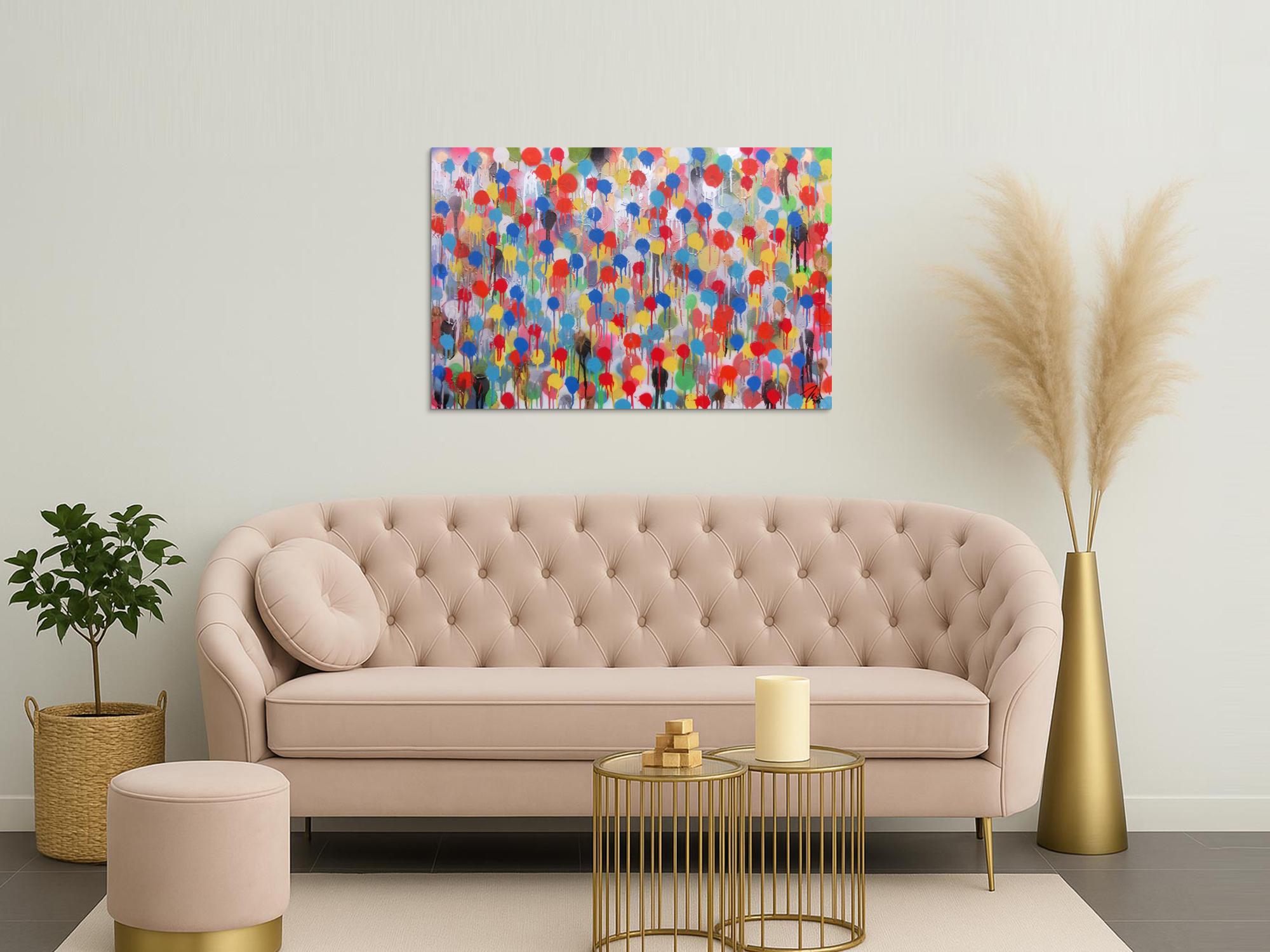 Modernes Kunstwerk abstrakt mit vielen Farben bunte Punkte aus Spraydose