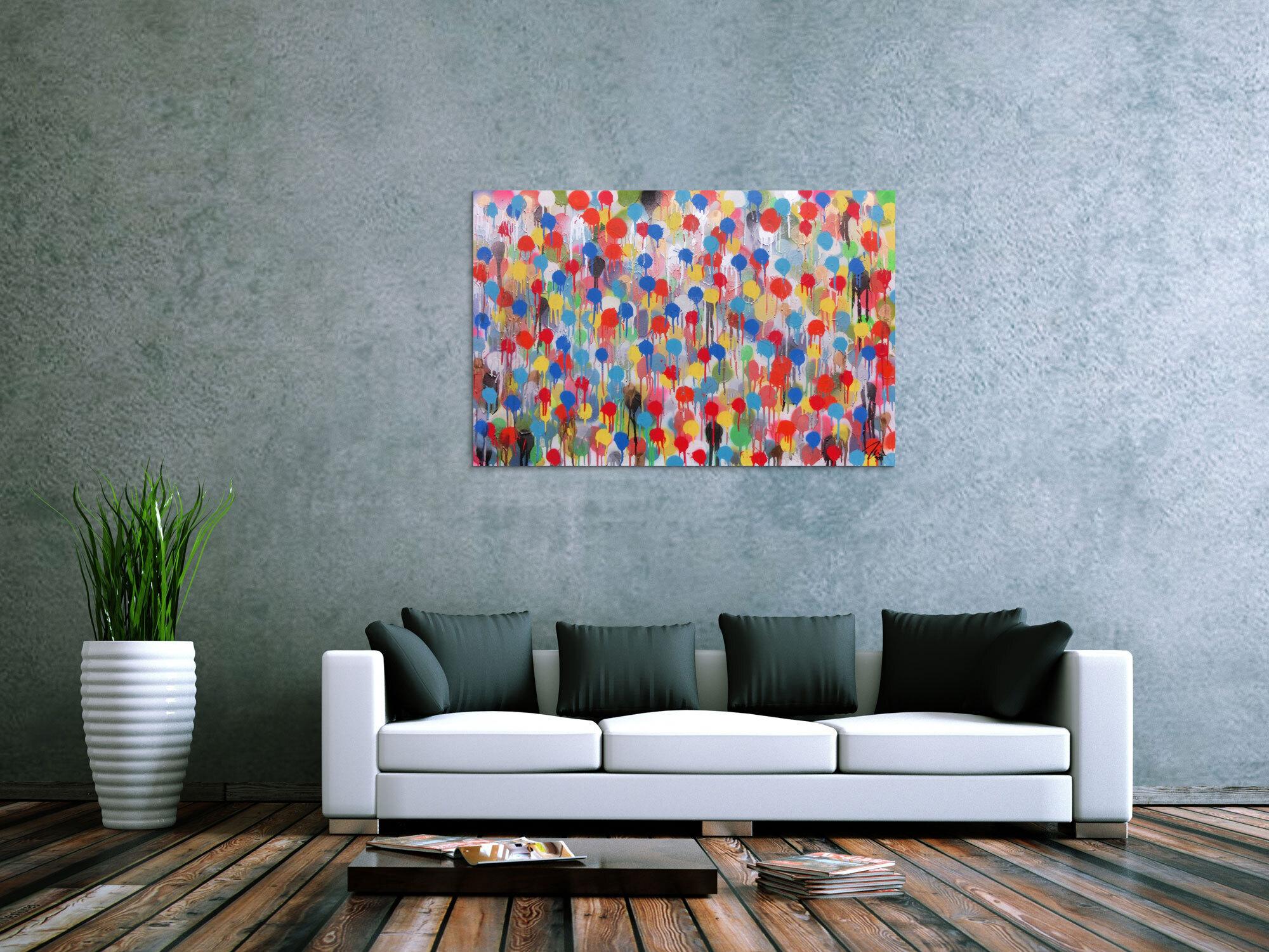 Modernes Kunstwerk abstrakt mit vielen Farben bunte Punkte aus Spraydose