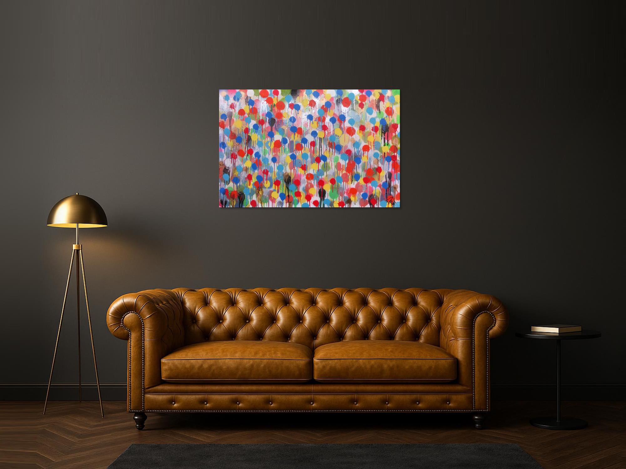 Modernes Kunstwerk abstrakt mit vielen Farben bunte Punkte aus Spraydose